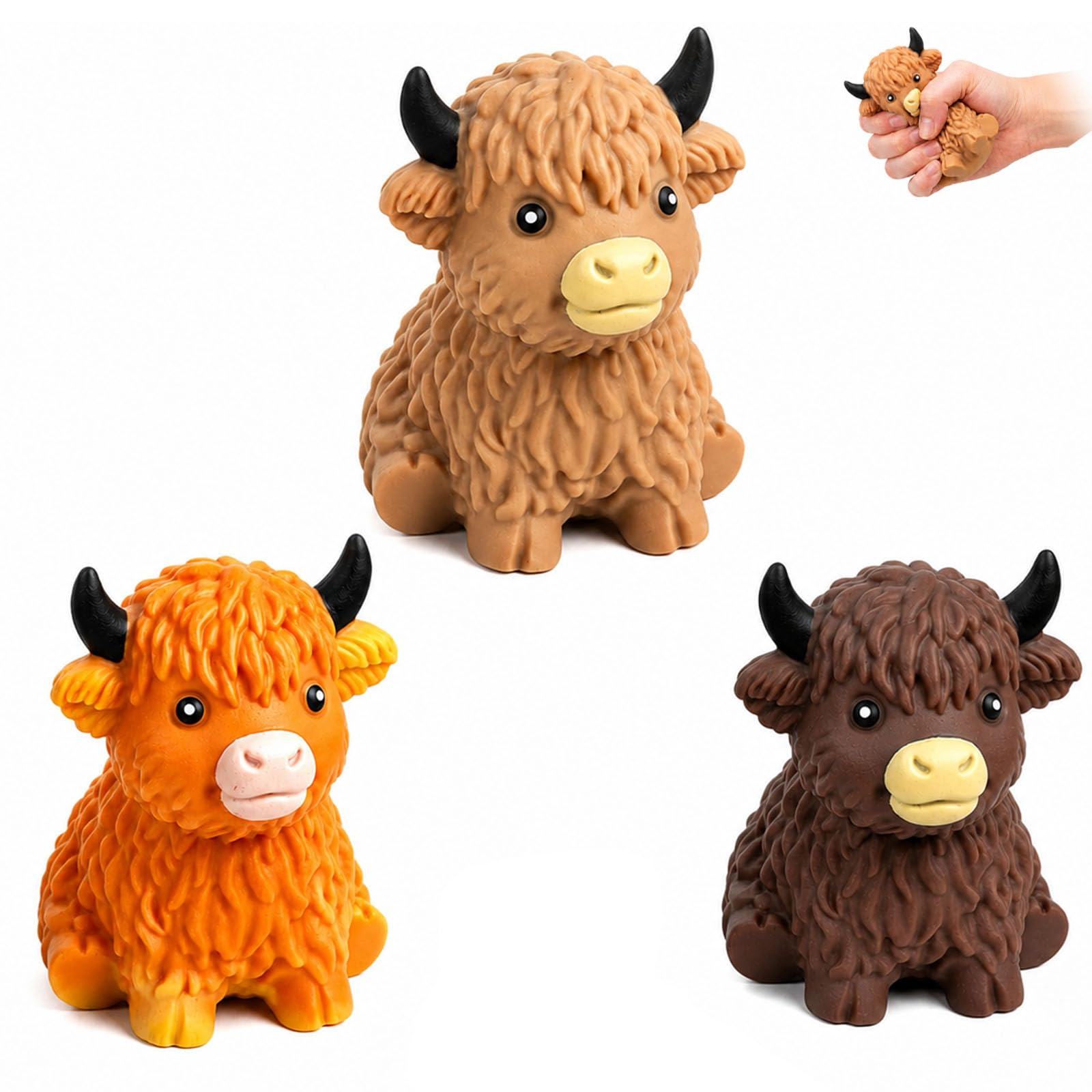 3 PCS Highland Cow Squishy, Cow Squishy for Office Desk and Focus Enhancement, Premium Material Stress Relief Animal Figures for Anxiety Management and Study Aid, Portable Pocket Companion with Durab