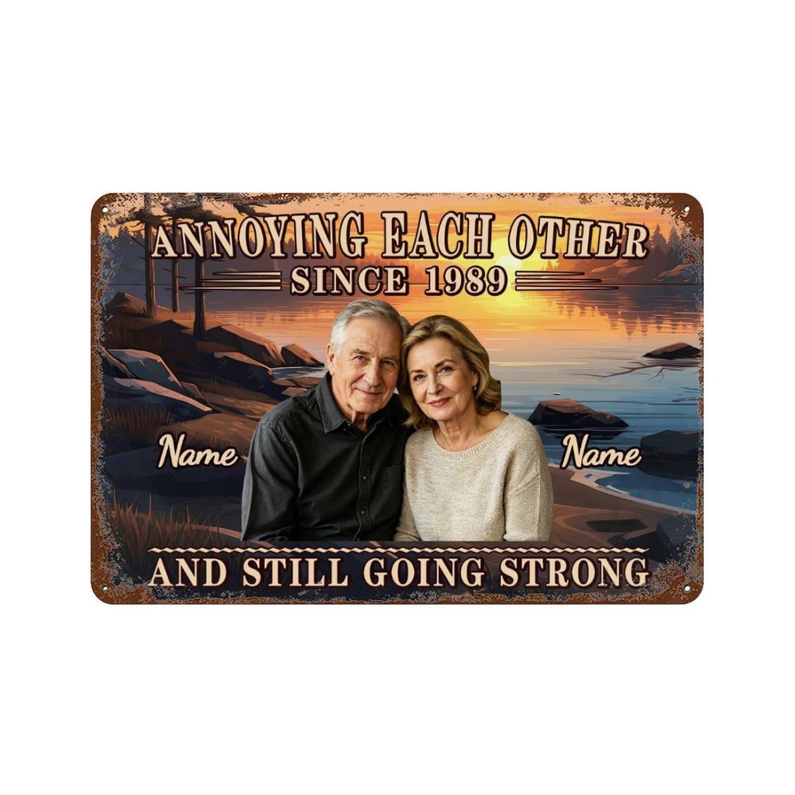 Custom Couple Photo Name Sunset Lake View Metal Sign for Anniversary Birthday Personalized Annoying Each Other Since Rustic Plaque Old Couple Home Decor Metal Sign for Her Him Lover Family Grandma Mom