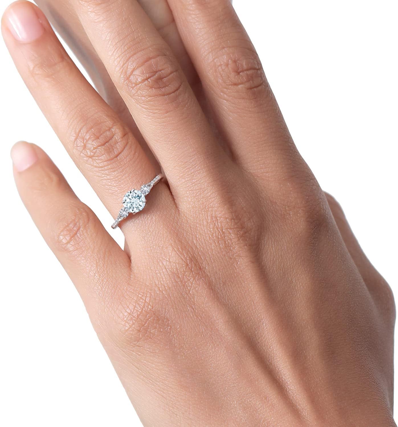 Gem Stone King 10K White Gold Sky Blue Aquamarine White Created Sapphire and White Diamond Accent 3-Stone Engagement Ring For Women | 0.89 Cttw | Round 6MM | Available In Size 5, 6, 7, 8, 9