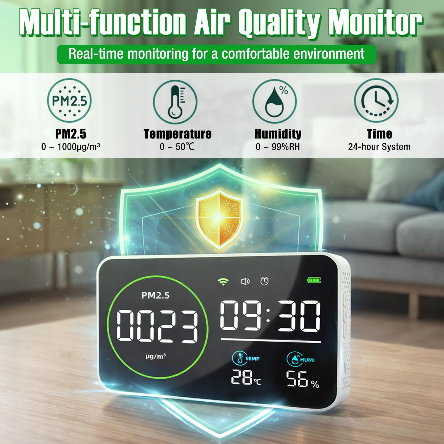 ‌LYCEBELL Medidor de Calidad de Aire Interior con WiFi y App Tuya Smart - Detecta Partículas PM2.5, Temperatura y Humedad en Tiempo Real con Alarma y Registro, para Hogar, Oficina y Dormitorio‌