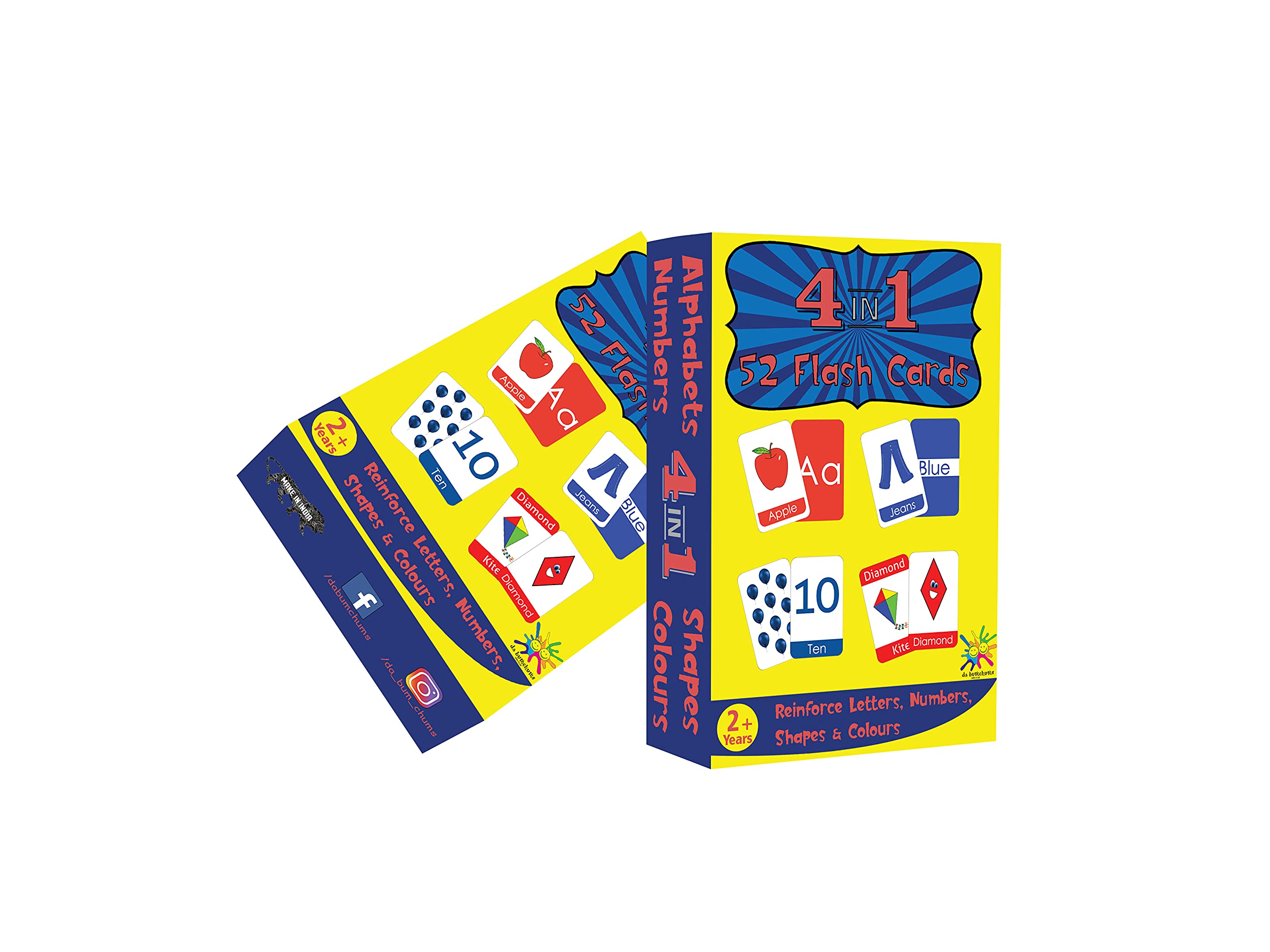 DA BUM CHUMS 52 Premium 4 in 1 Educational Flash Cards - Alphabets, Numbers, Shapes, Colours