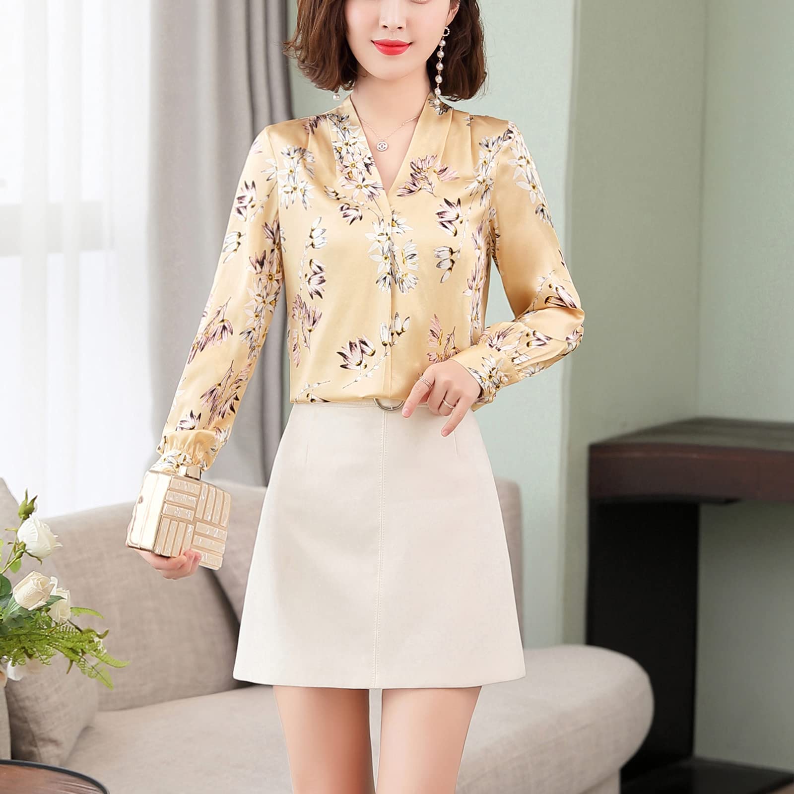 E-girl Blusa de seda para mujer con estampado de puente, blusa de manga larga con cuello en V, blusa de seda,S1922