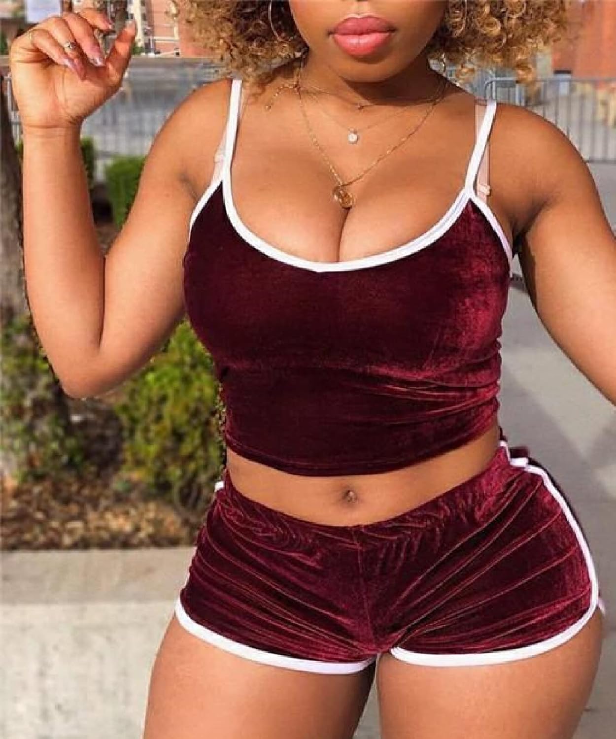 Women'S Lingerie Slim Gold Velvet Suspenders + Shorts 2-Piece Set