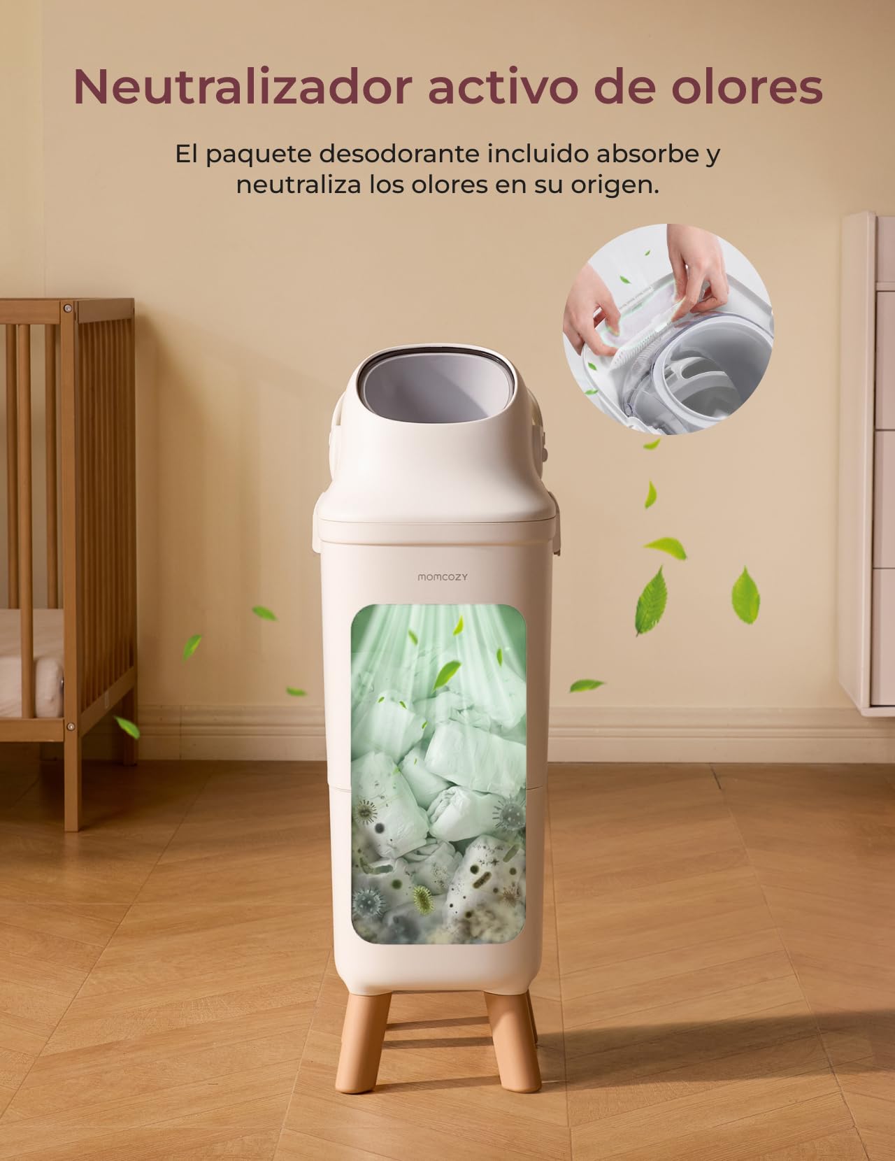 Momcozy Papelera Pañales Bebe para Control de Olores, Basura Pañales Bebe de Gran Capacidad con Ventana Amplia de Visualización, Cierre de Seguridad Infantil, Compatible con Bolsas de Basura Estándar