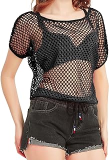 Women Casual Sexy 80s Costumes Fishnet Neon Off Shoulder Top Mesh Short Sleeves T Shirts Sheer Blouse - Buy now