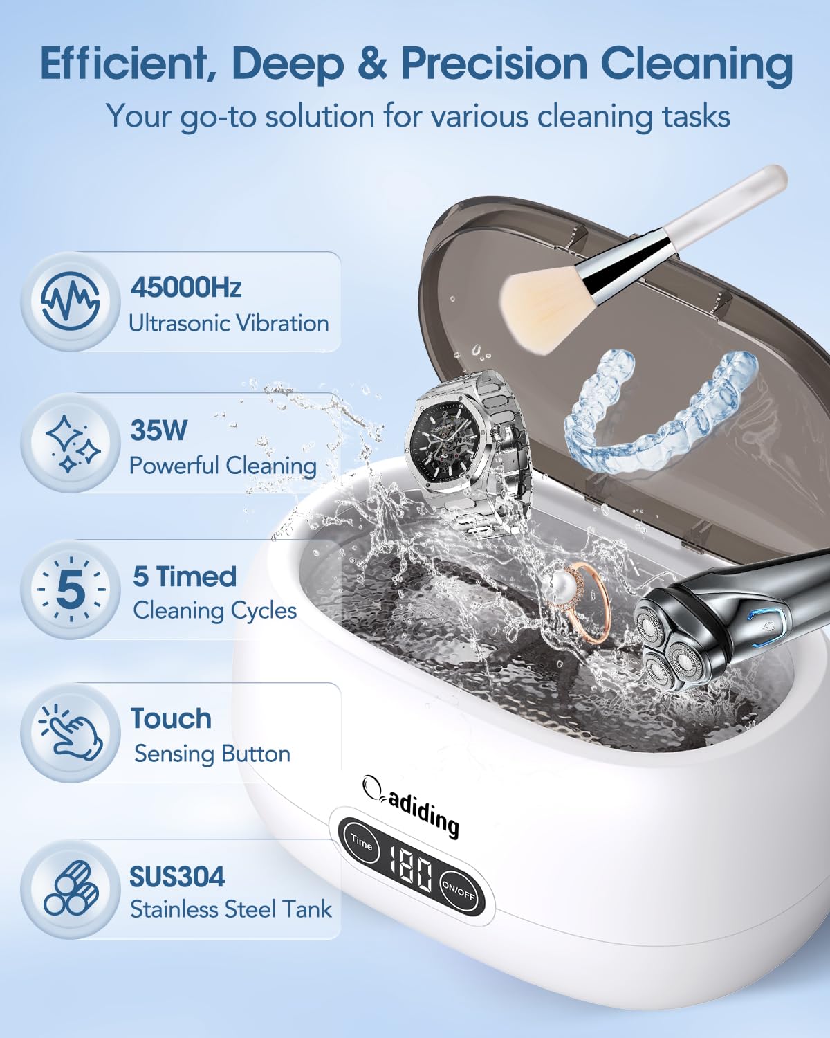 Adiding - Limpiador ultrasónico por ultrasonidos (650 ml, 5 modos de tiempo, 45 kHz, dispositivo ultrasónico para limpieza de gafas, joyas, relojes, dentaduras postizas, monedas)