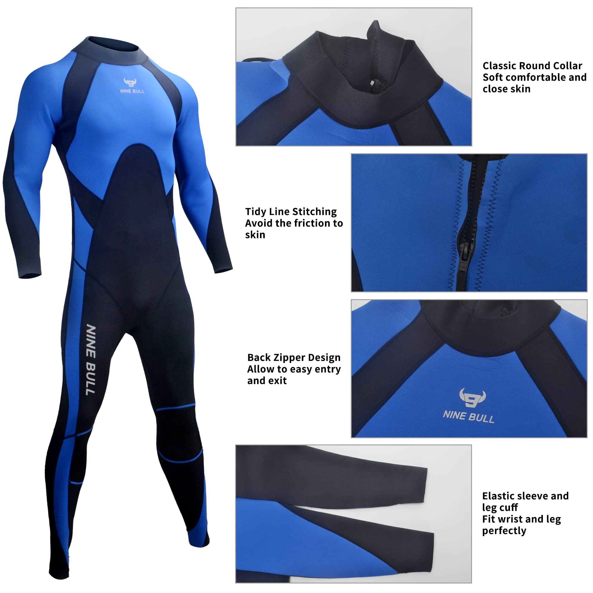 nine bull Mens 3mm Wetsuit Full Body Diving Suit Long Sleeve Back