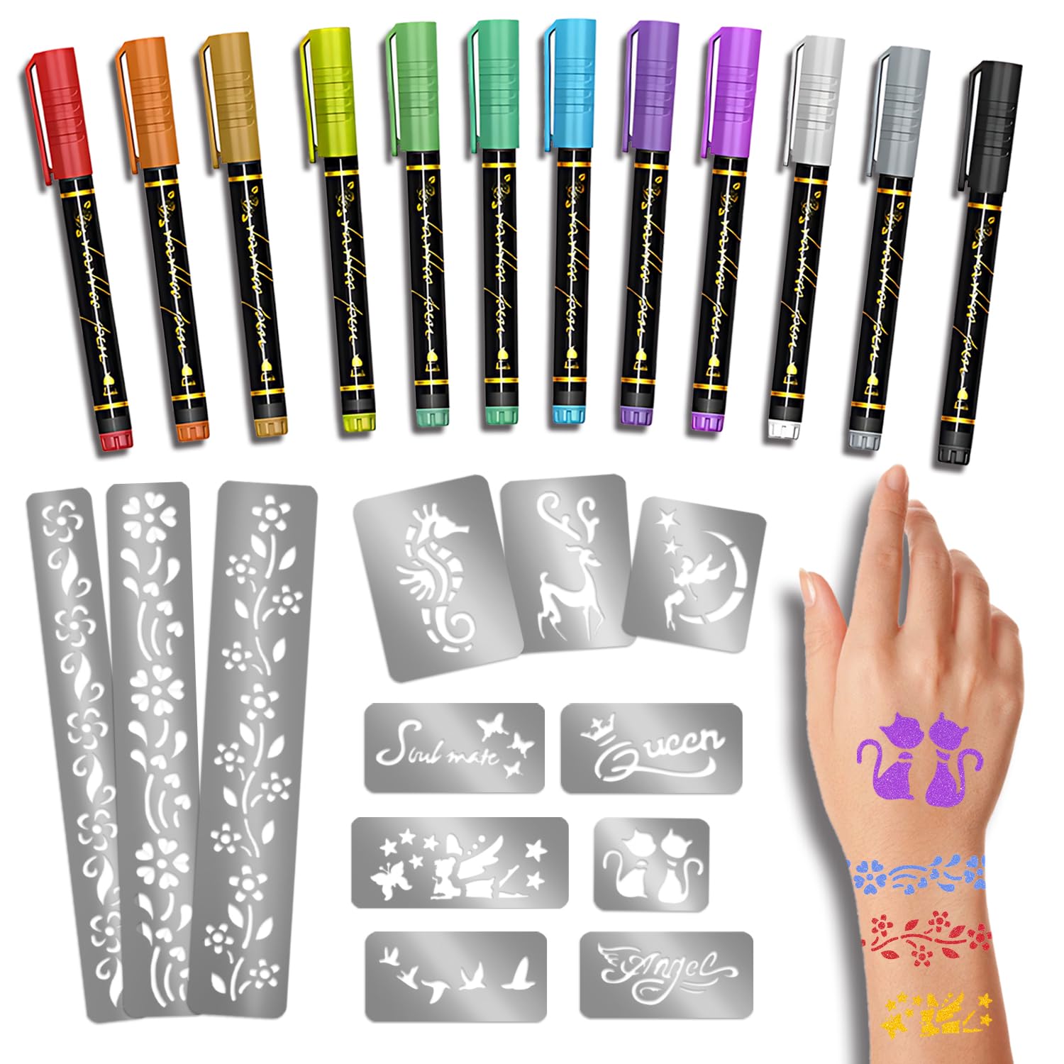 Temporary Tattoo Markers for Skin, 12 Metallic Body Markers Assorted Colors + 160 Tattoo Stencils for Kids Adults Face Painting Women Men Cosmetic Tattoos Pens for Party Favor Gift