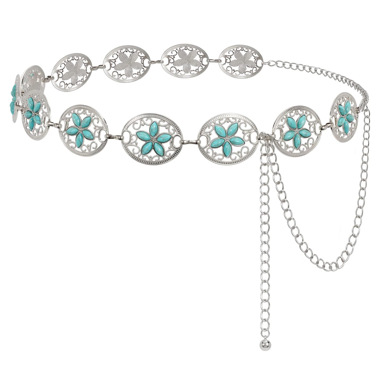 LEACOOLKEYWomen Western Boho Chain Belt Country Concho Cowgirl Turquoise chain Belt