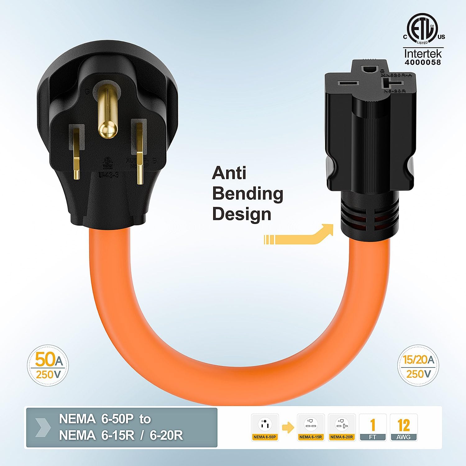1.5FT Nema 6-50P to 6-15R/6-20R Welder Power Adapter Cord, 6-50P 50-Amp to 6-20R 20A T-Blade Adapter,6-50 to 6-20R