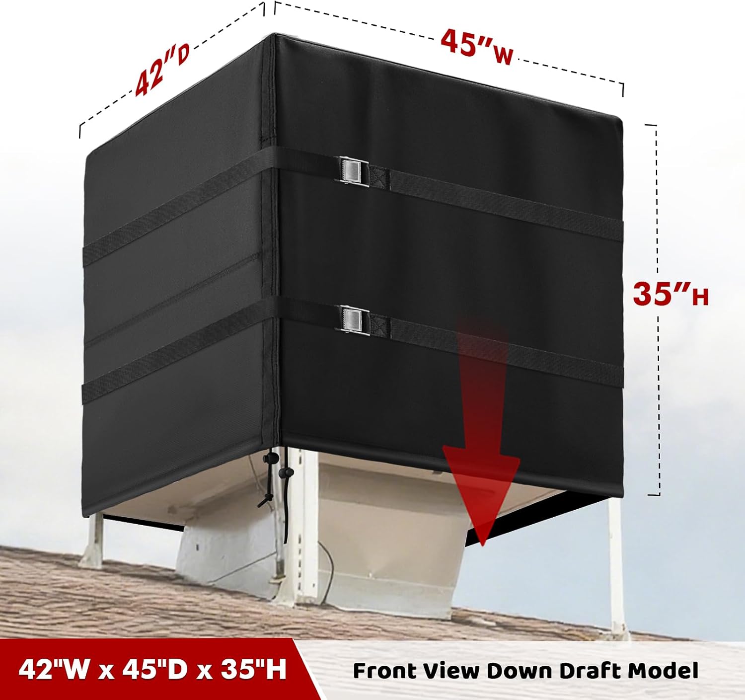 SUNICO Down Draft Swamp Cooler Cover, Waterproof and Windproof Rooftop Evaporative Cooler Cover with 2 Metal Buckles Adjustable Straps 42"W x 45"D x 35"H - Black
