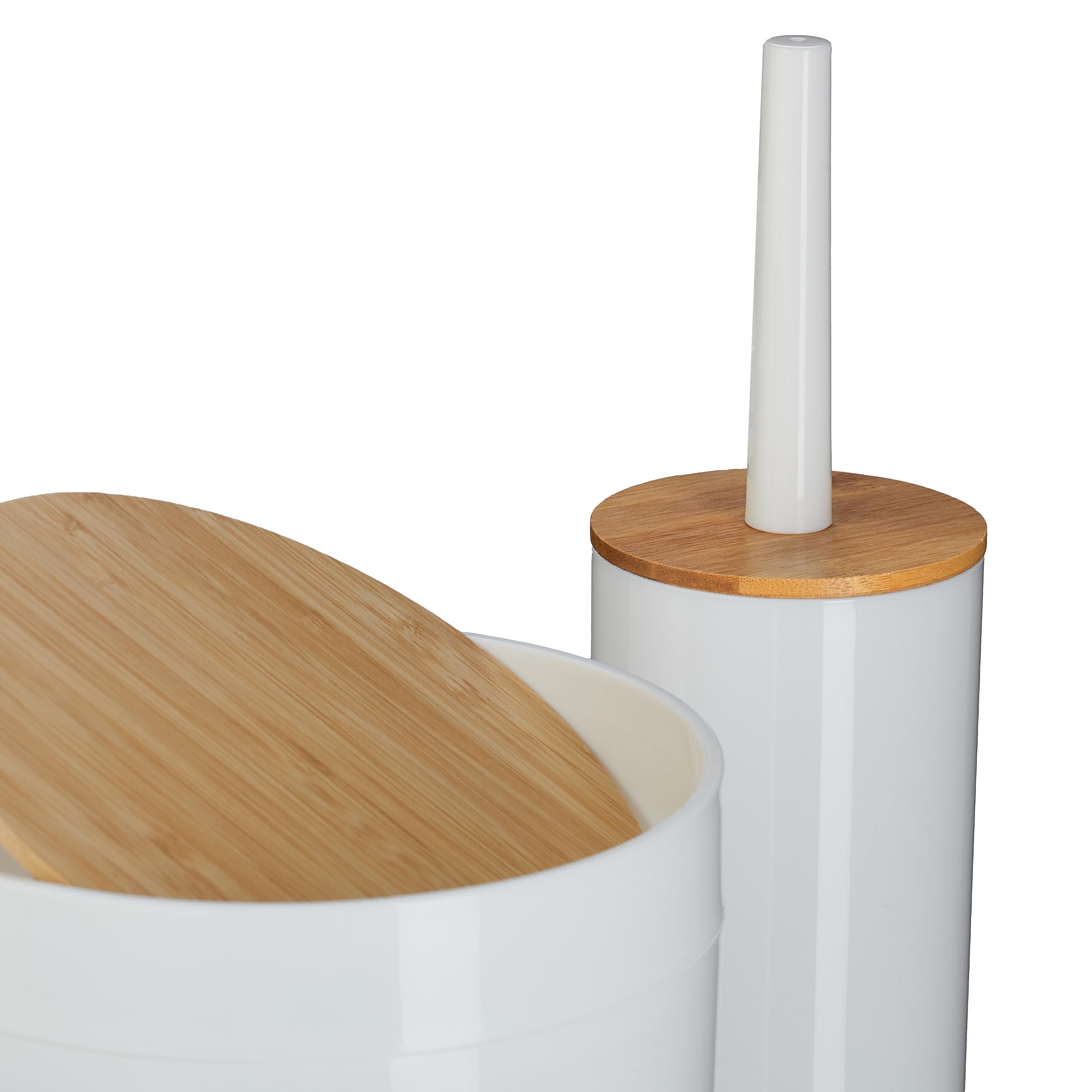 Relaxdays Set Bagno 7 Accessori, Cestino, Scopino WC, Portasapone, Saponetta, Portaspazzolino, Plastica e bambù, Bianco