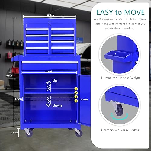 Miniatura 3 de Caja de herramientas 2 en 1 con 5 cajones, organizador de herramientas con estante ajustable y ruedas, gabinete de almacenamiento de herramientas