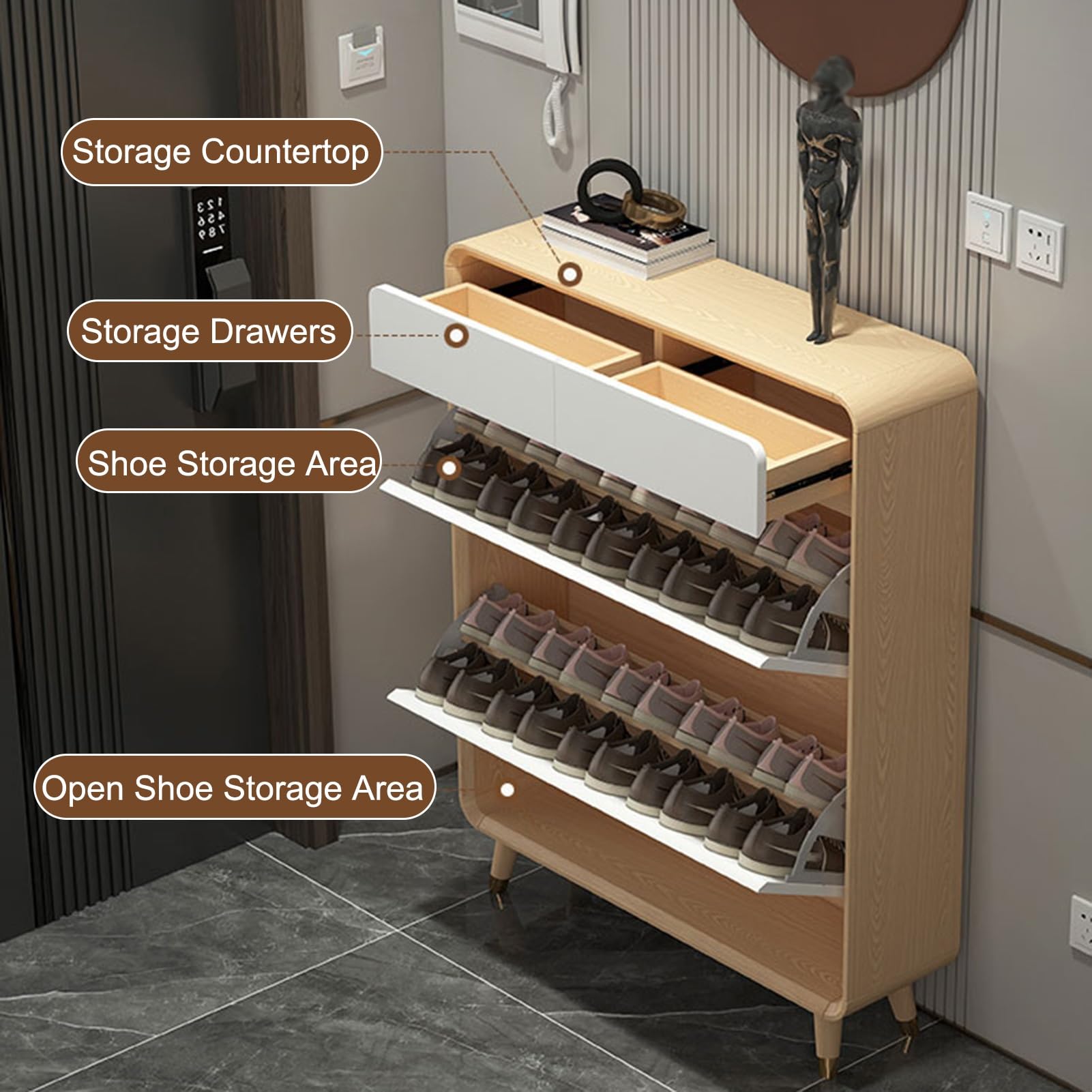 Schuhschrank, 2 Flip Tür Mit 2 Schublade, Schuhschränke für Flur Oder Eingangsbereich, Schuhschrank Schmal Schuhregal, für Flur, Wohnzimmer, Schlafzimmer(120x70x18.5cm/47.2x27.6x7.3in)
