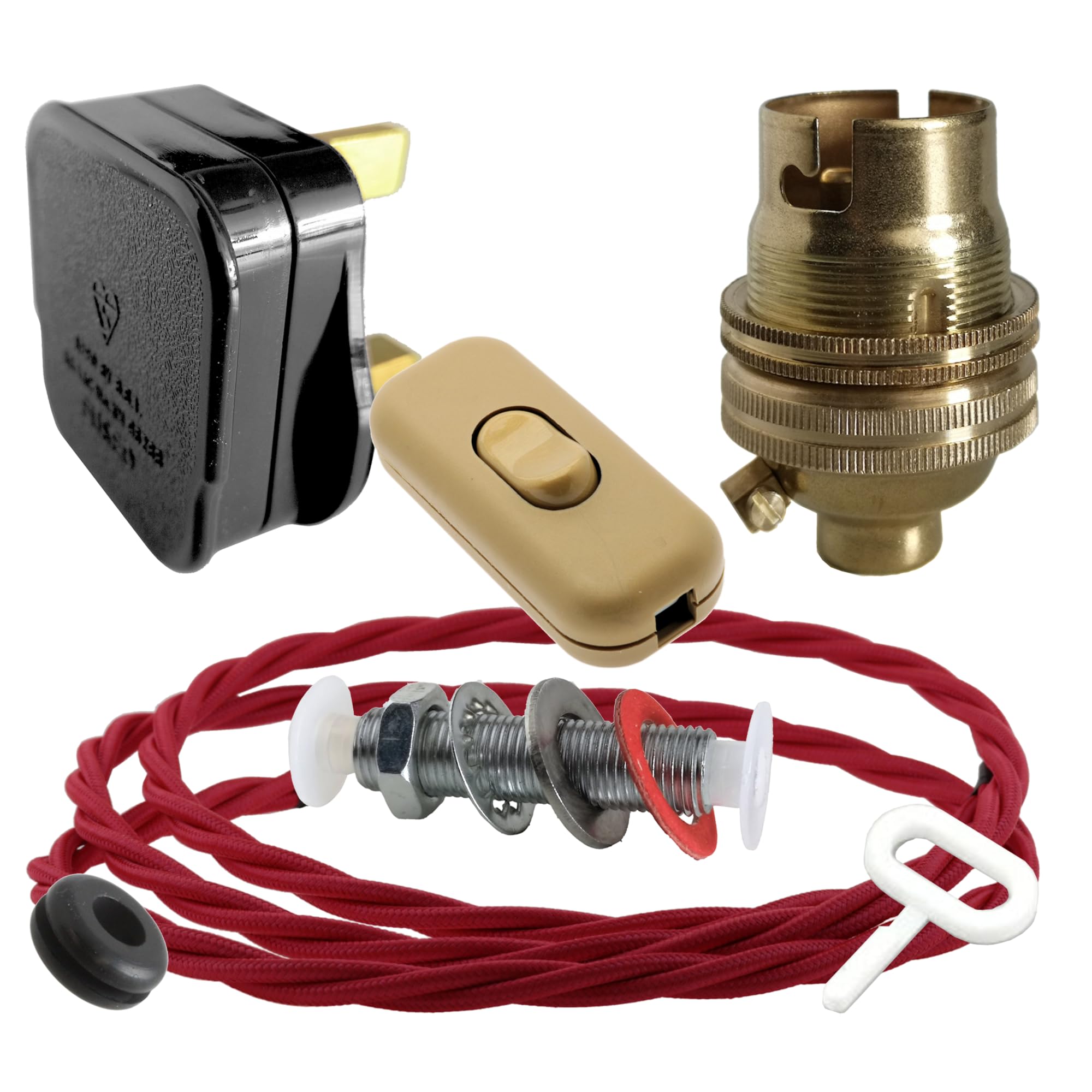 Art Deco Emporium Lamp Repair and Servicing Kit|Black Plug|Bright Red Flex|Gold Switch|B22 Chrome Finish Lamp Holder