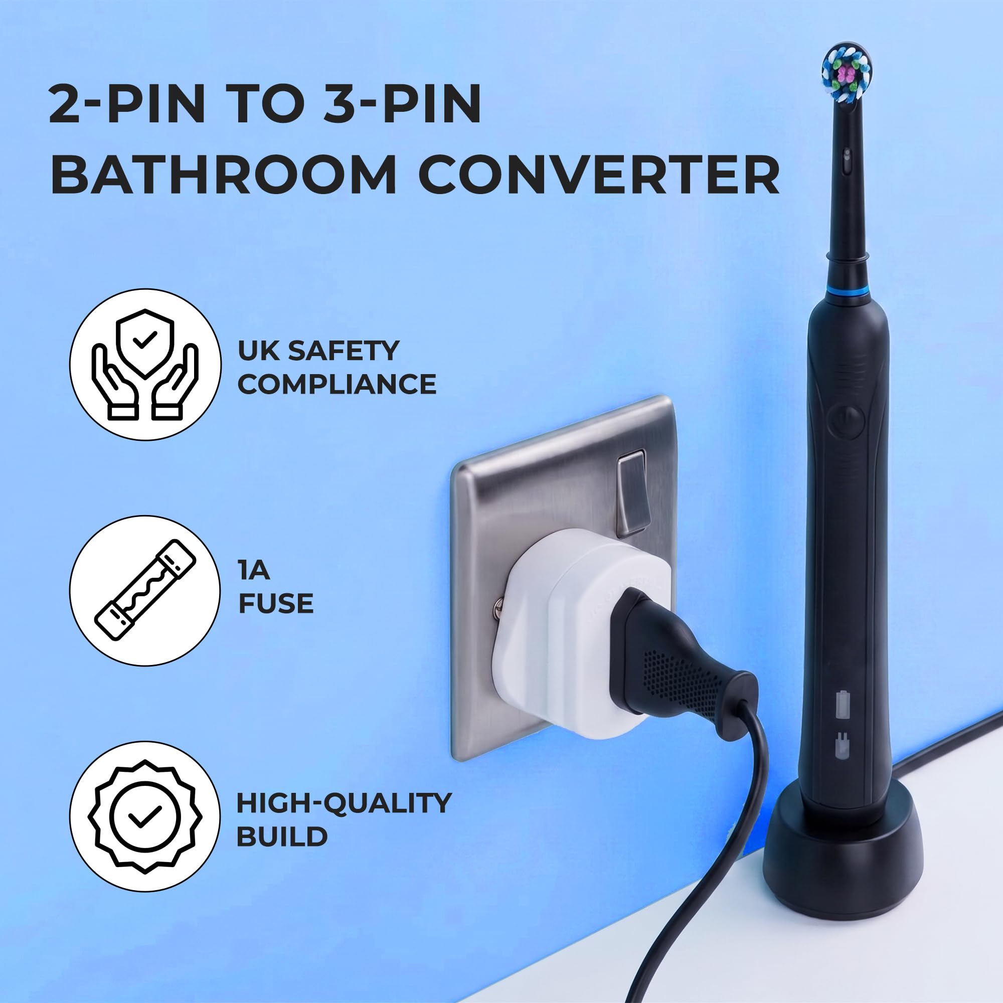 Double Dragon 2-Pack UK Electric Toothbrush & Shaver Plug Adapter | 2-Pin to 3-Pin Bathroom Converter | Supports UK EU Round & US Flat 2-Pin Plugs | 1A Fused | Compatible with Oral-B, Braun, Philips — view 7