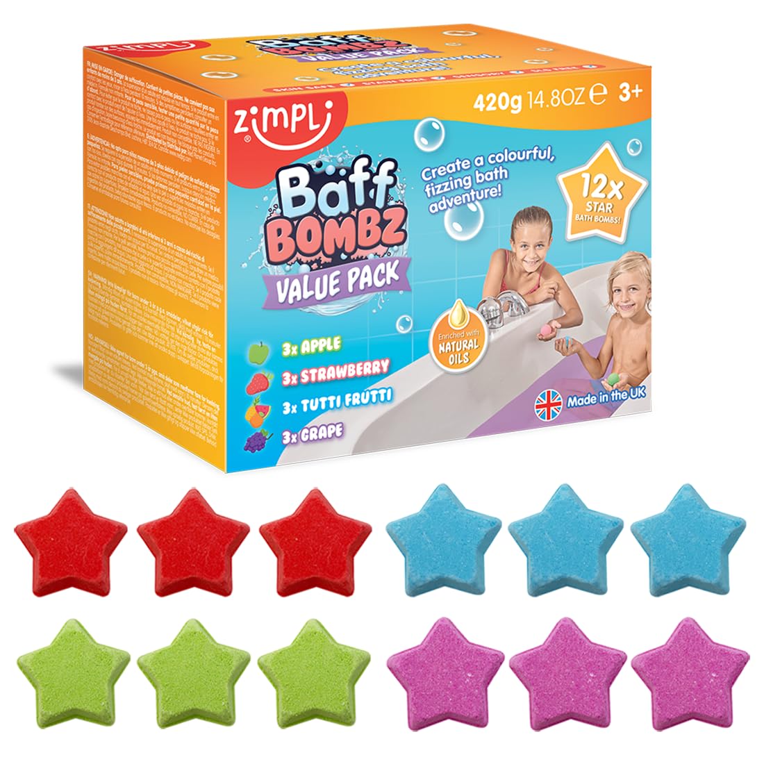Zimpli Kids 12 x Star Baff Bombz, Bubble Bath Fizzers for Children, Bath Tub Bombs, Party Favours, Fillers, Rewards, Birthday Gifts for Toddlers, Vegan Friendly & Cruelty Free
