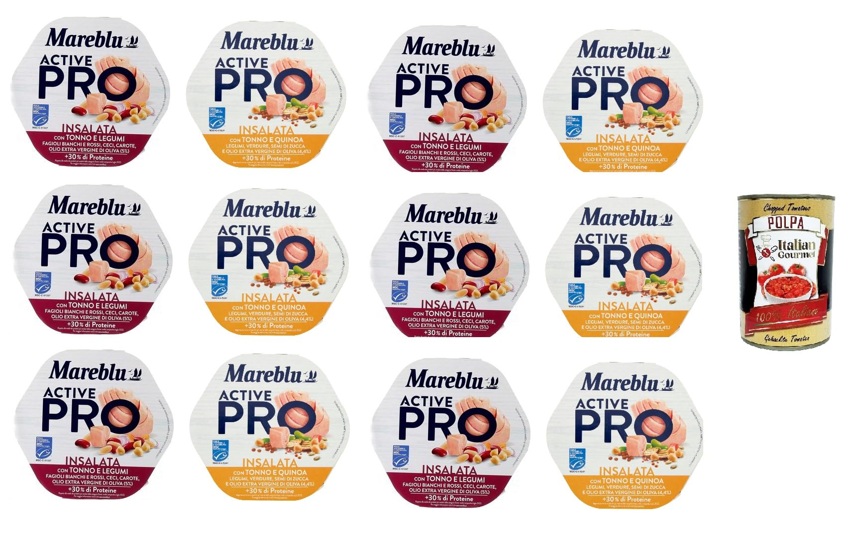 Mareblu Active Pro Testpaket Insalata Con Tonno E Legumi, Tonno e Quinoa Pro Salat mit Thunfisch und Hülsenfrüchten,Thunfisch und Quinoa 12x220gr + Italian Gourmet polpa 400g