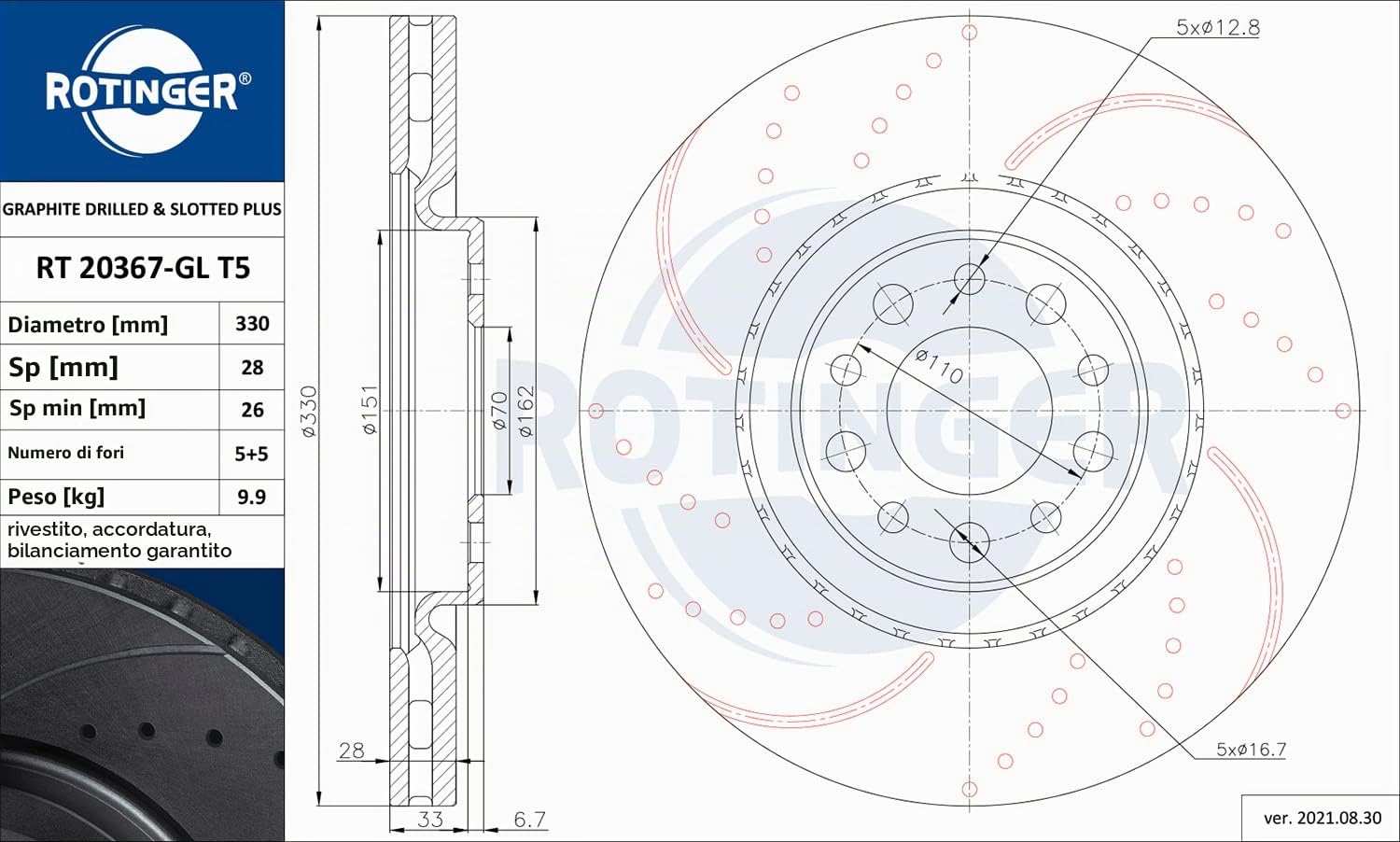 ROTINGER Rotori disco freno (asse anteriore, Set di 2 pezzi) Con rivestimento anticorrosione, RT 20367-GL T5
