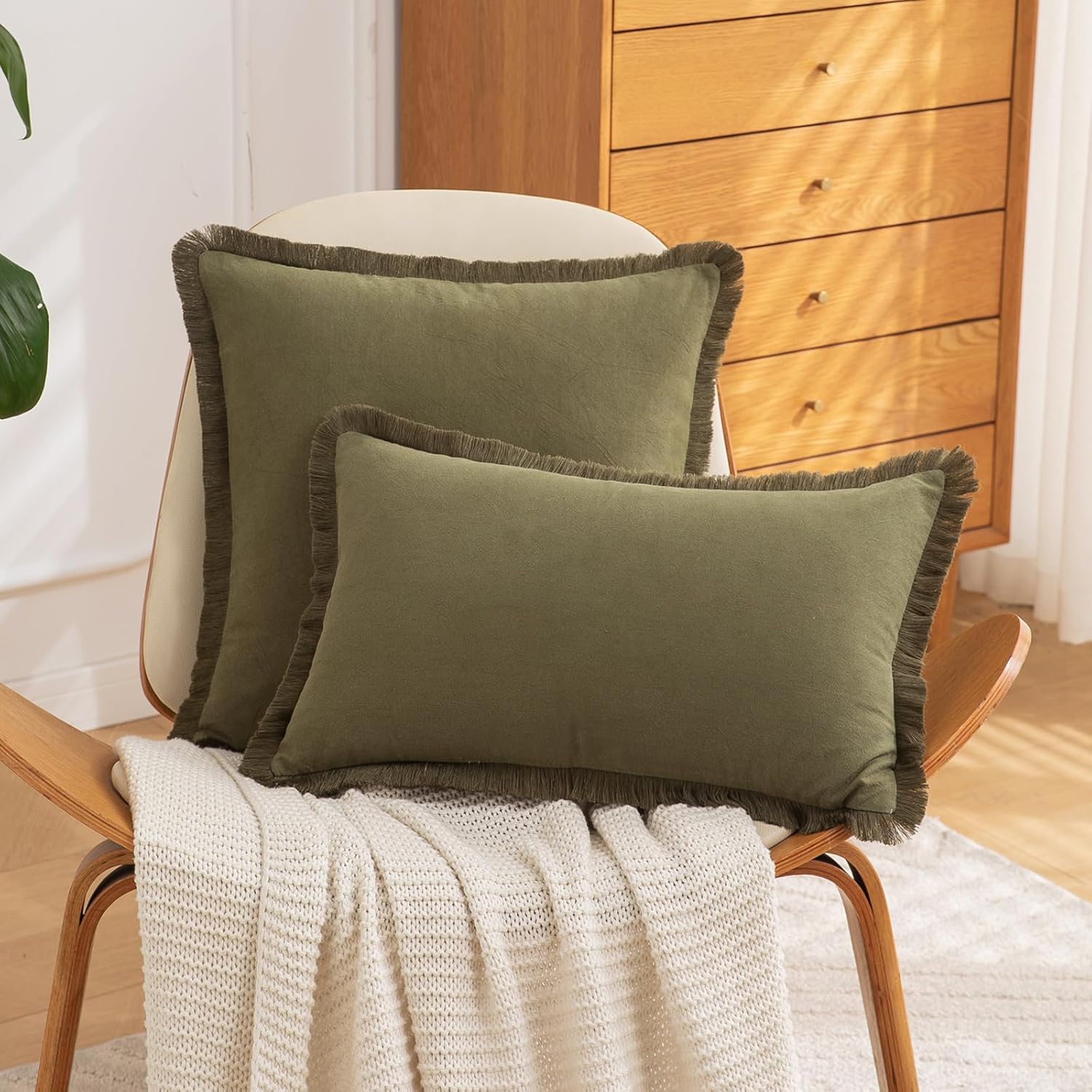 Set of 2 Throw Pillow Covers, 24x24 Cotton Pillow Covers with Fringe Tassel, Boho Decorative Throw Pillow Cases Soft Square Pillowcase for Couch Sofa Bed Living Room Farmhouse Home Decor Accents