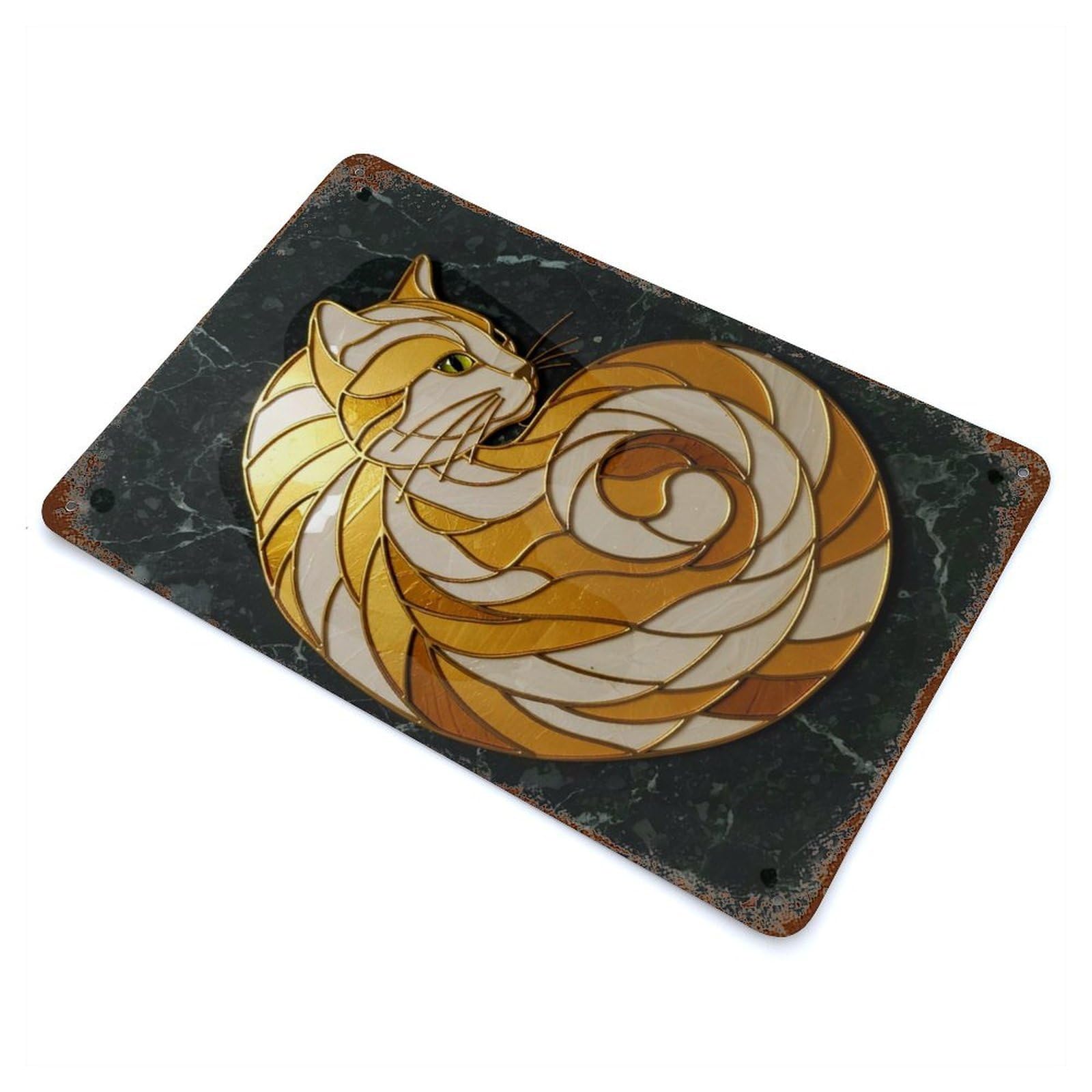 Stylized Cat Art Glass Rusty Metal Tin Sign 11.8"x7.9", for Basement, Hobby Room And Garage Decor, Retro Wall Decor