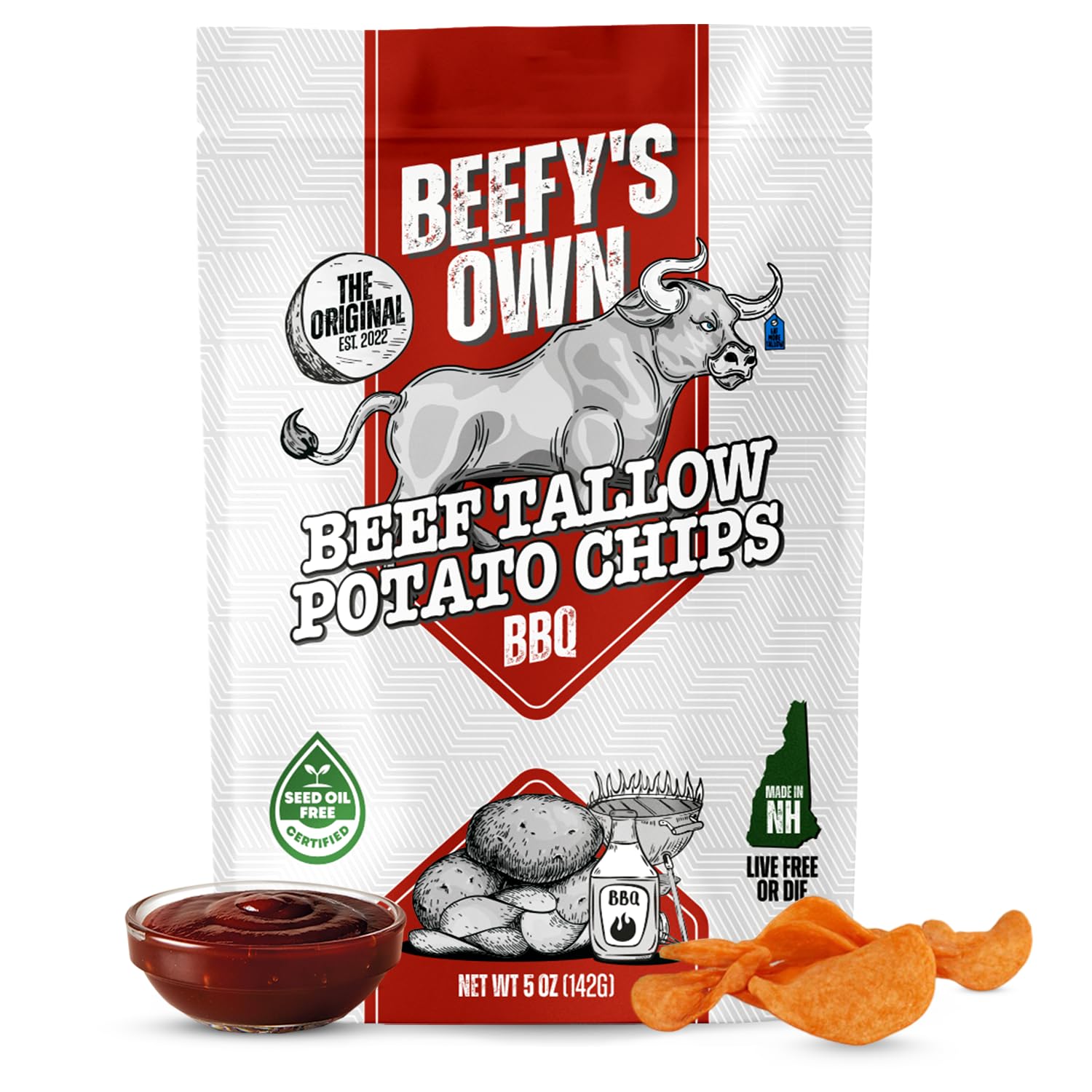 Beefy's Own - Beef Tallow Chips | Gluten Free Potato Chips | Made with Non-GMO Potatoes & Beef Tallow | Seed Oil Free | Crispy & Clean Snack | Great On-the-Go Snack | Pack of 4 | 5 oz | Barbecue
