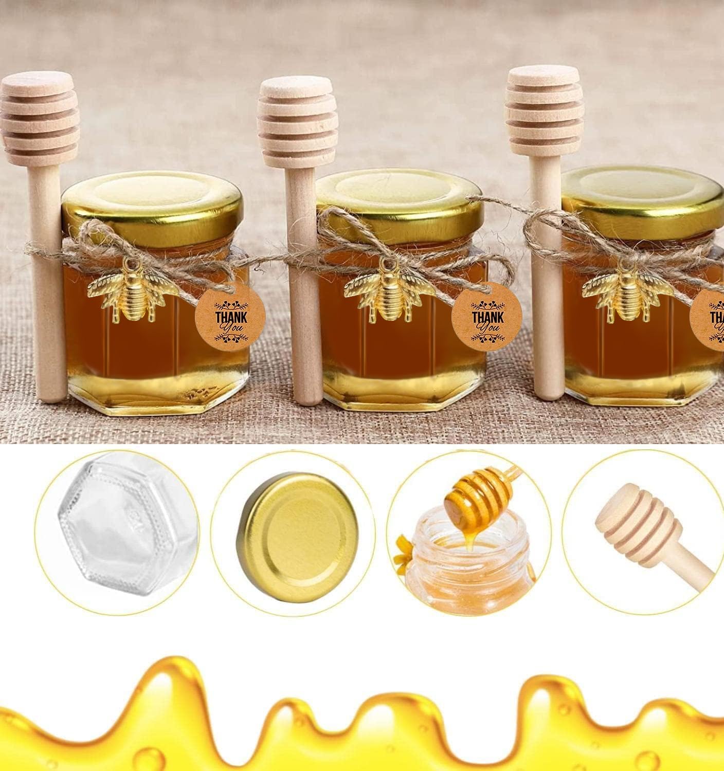 Confezione da 20 barattoli per miele, 45 ml, mini barattoli per marmellata e miele, con cucchiaio per miele, ciondolo a forma di ape, iuta, biglietti di ringraziamento, perfetti per baby