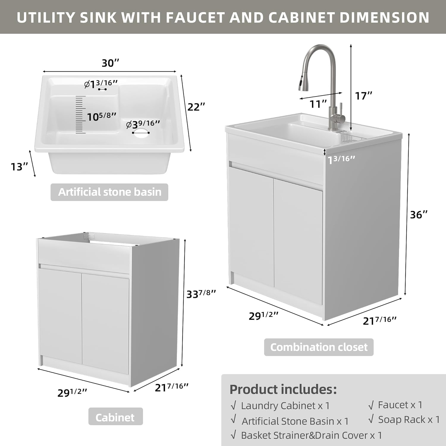 White Laundry Sink Cabinet 30''x36'' All-in-One Freestanding Utility Sink White Cabinet Deep Basin Floor Mount Cabinet for Laundry Room Garage Basement Kitchen Bathroom