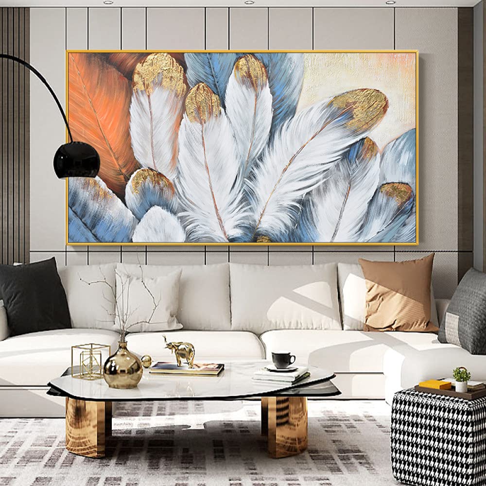 Handgemalte Leinwand Bilder,Abstrakte Kunst Wand Goldfolie Weiße Feder Rechteck Kunstwerk Spachtel Strukturiert Große Größe Rahmenlose Coole Gemälde Wohnkultur Für Studieren Wohnzimmer,60X120C