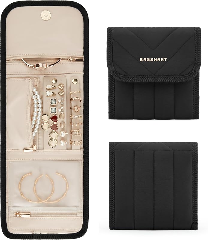 Travel Jewelry Organizer Case, Foldable Jewelry Roll for Necklaces, Earrings, Journey-Rings, Bracelets, Brooches, Portable, Black