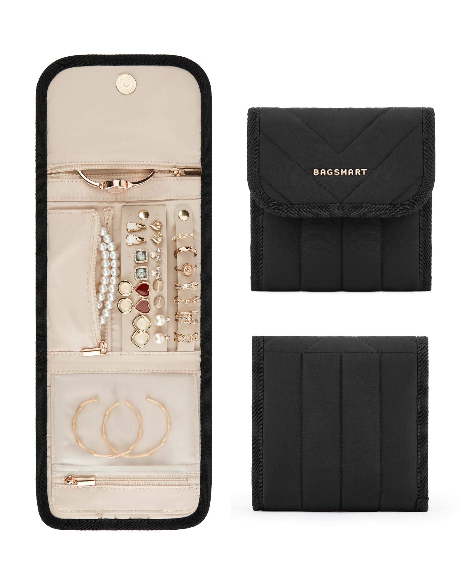 BAGSMART Travel Jewelry Organizer Case, Foldable Jewelry Roll for Necklaces, Earrings, Journey-Rings, Bracelets, Brooches, Portable, Black