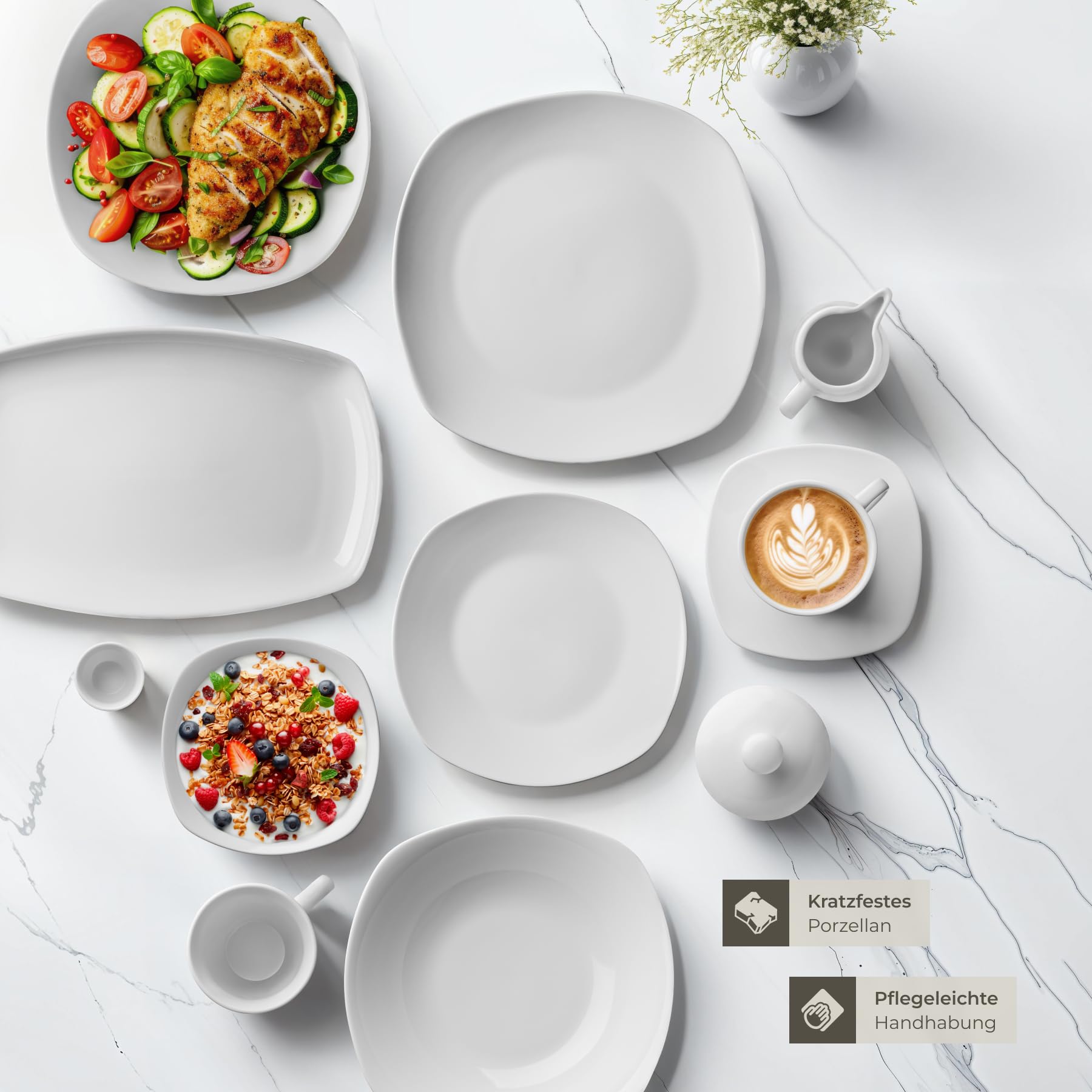 tectake® Geschirrset 12 Personen, Porzellan Geschirr Set 100tlg, u.a. 12x Dinner Teller Set, 12x Dessertteller, 12x tiefe Teller, 12x Tasse, 12x Müslischale, Salatschüssel, Milchkännchen, Zuckerdose