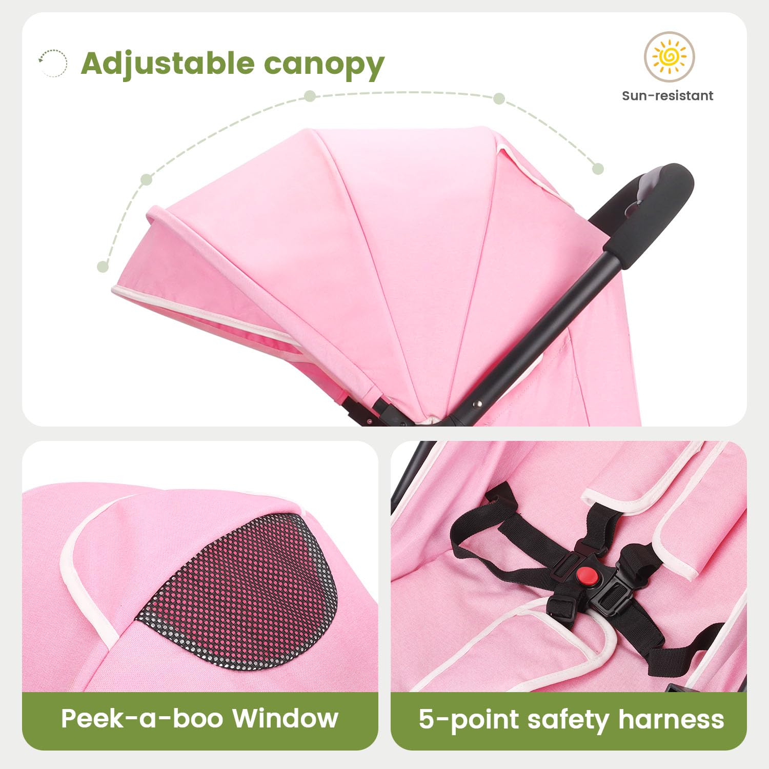Lightweight Travel Stroller, Compact & Airplane-Friendly for Baby and Toddler, Lie-Flat Seat, One-Hand Fold, Shoulder Strap, Extendable Canopy, Storage Basket, 4 Wheel Suspension (Pink)