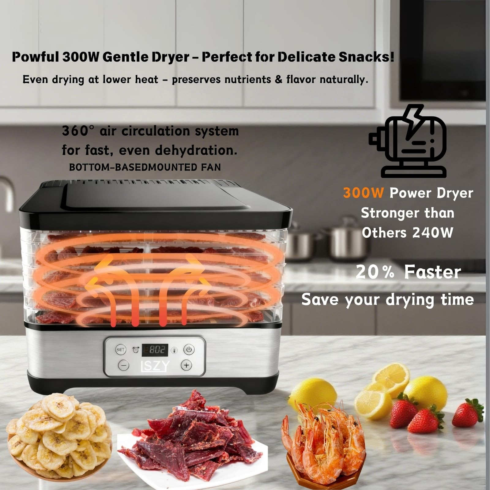 Máquina deshidratadora de alimentos para alimentos y ceces, 300 W 165 °F Control de temperatura y temporizador de 24 horas con 5 bandejas sin BPA Secadora de frutas para corazones, frutas, golosinas