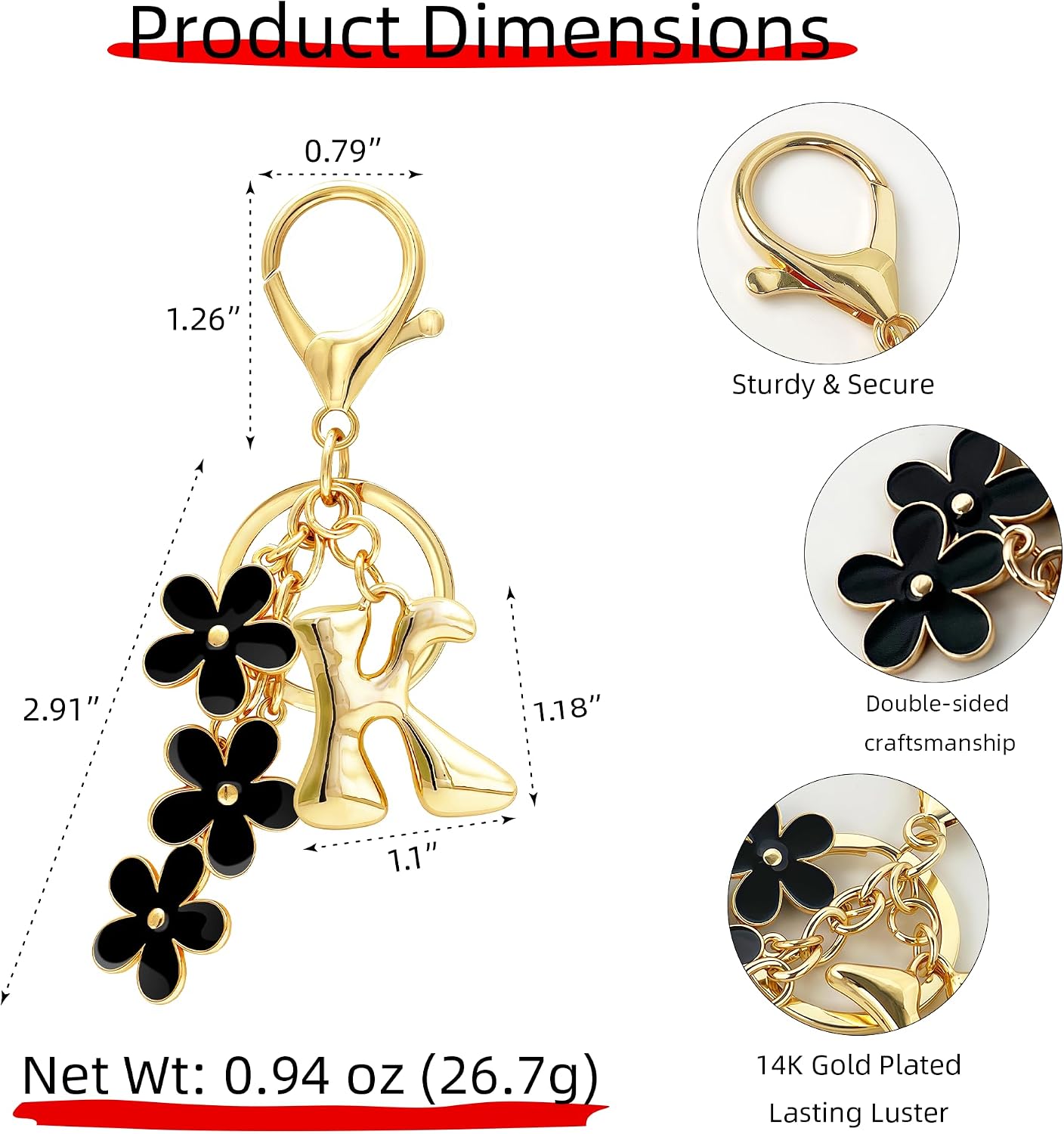 Gold Bubble Letter Keychain, Initial Bag Charms for Handbags, Cute Flower Purse Accessories for Women, Monogram Gift image 5