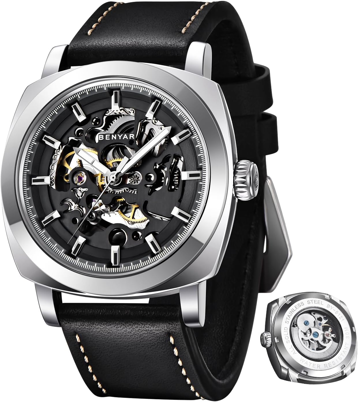 Mens Watch Automatic Mechanical Wrist Watches Men Brown Leather Strap Sports Movement 45 mm Black Skeleton Dial 30M Waterproof Elegantt Gift for Men