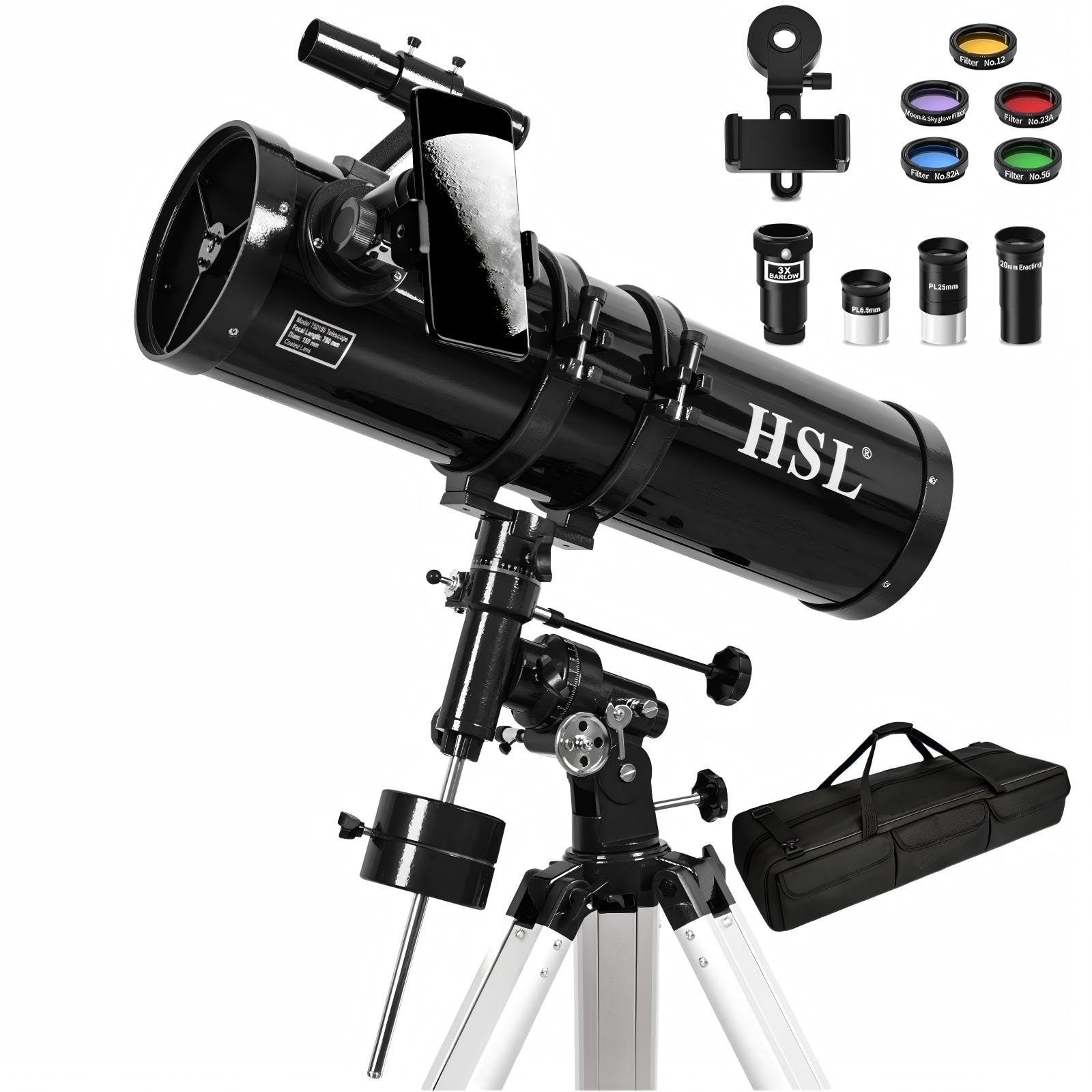 HSL Teleskop 150EQ o dużej mocy, teleskop odblaskowy dla dorosłych, początkujących astronomii, ogniskowa 750 mm, profesjonalne teleskopy astronomiczne z adapterem do telefonu, statywem, 5 kolorowym