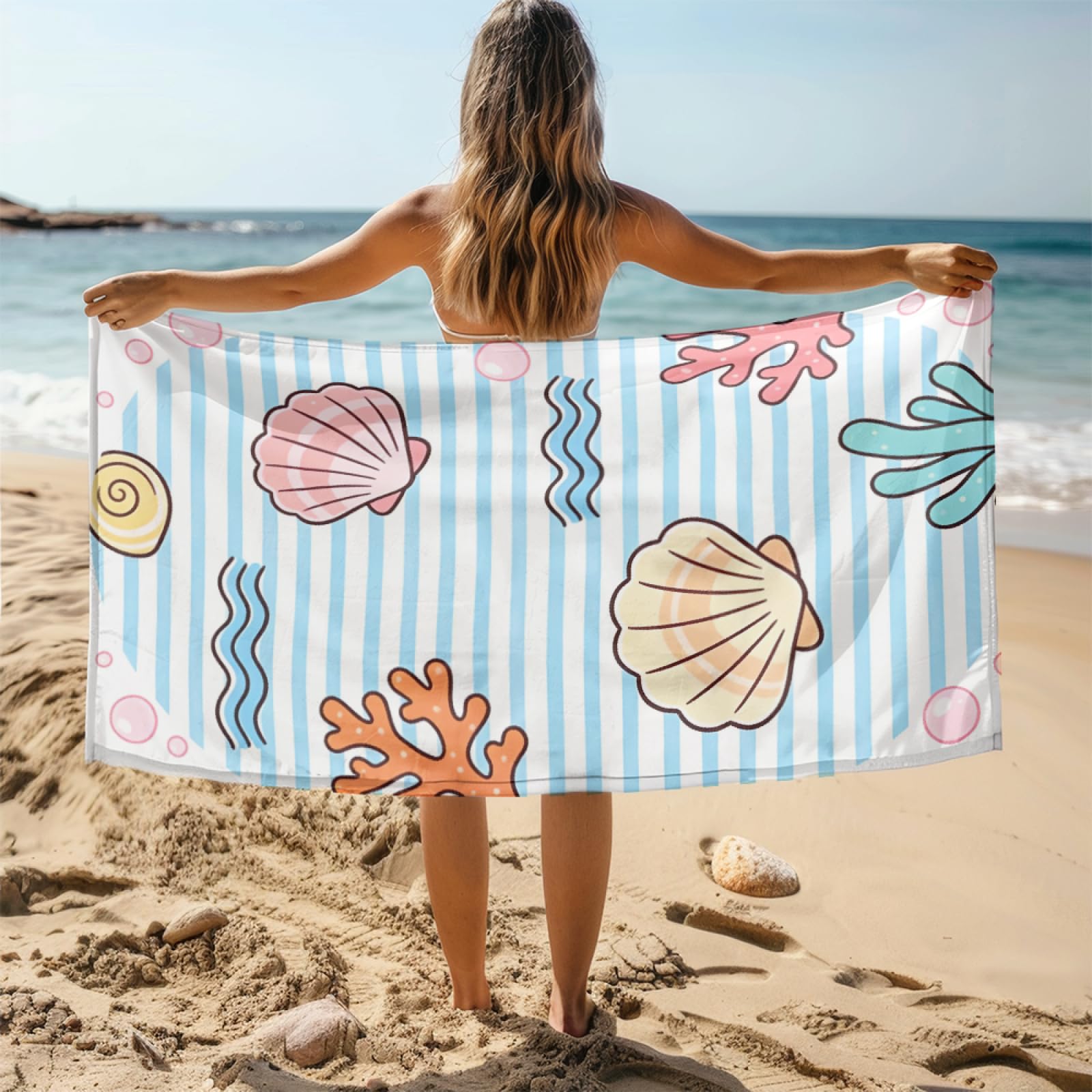 Fouta PlagePlage Jaune Clair Mer Bleue Modèle Surdimensionné avec Diverses Tailles, Respirante et Portable, Parfaite pour Voyages Sorties Piscine et Usage Extérieur Quotidien 90x160 cm
