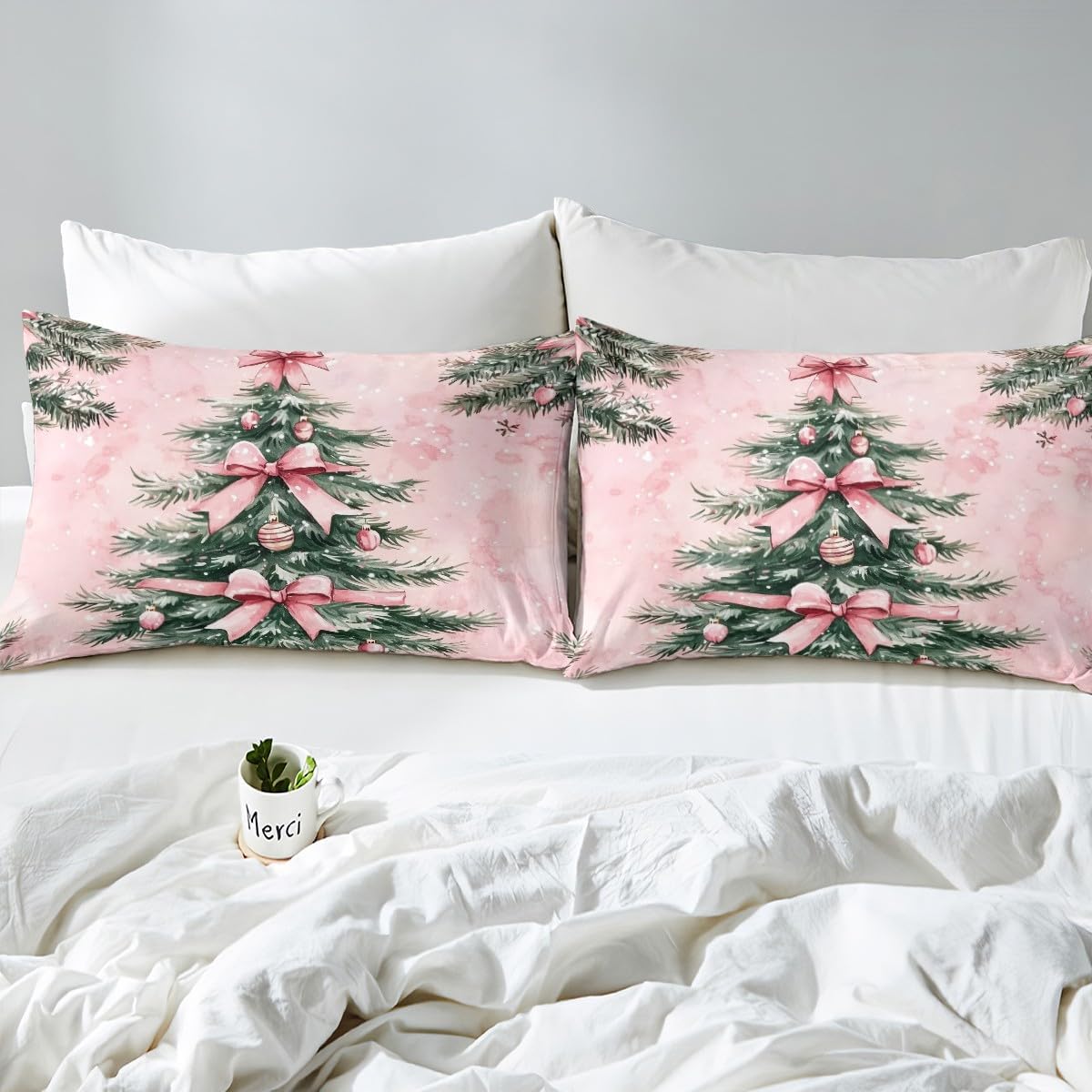 Erosebridal Green Christmas Tree Fitted Sheet Pink Bowknot Sheets,Christmas Tree Ornaments Bed Sheets Full,Xmas Bed Set Pink Christmas Decorations Indoor