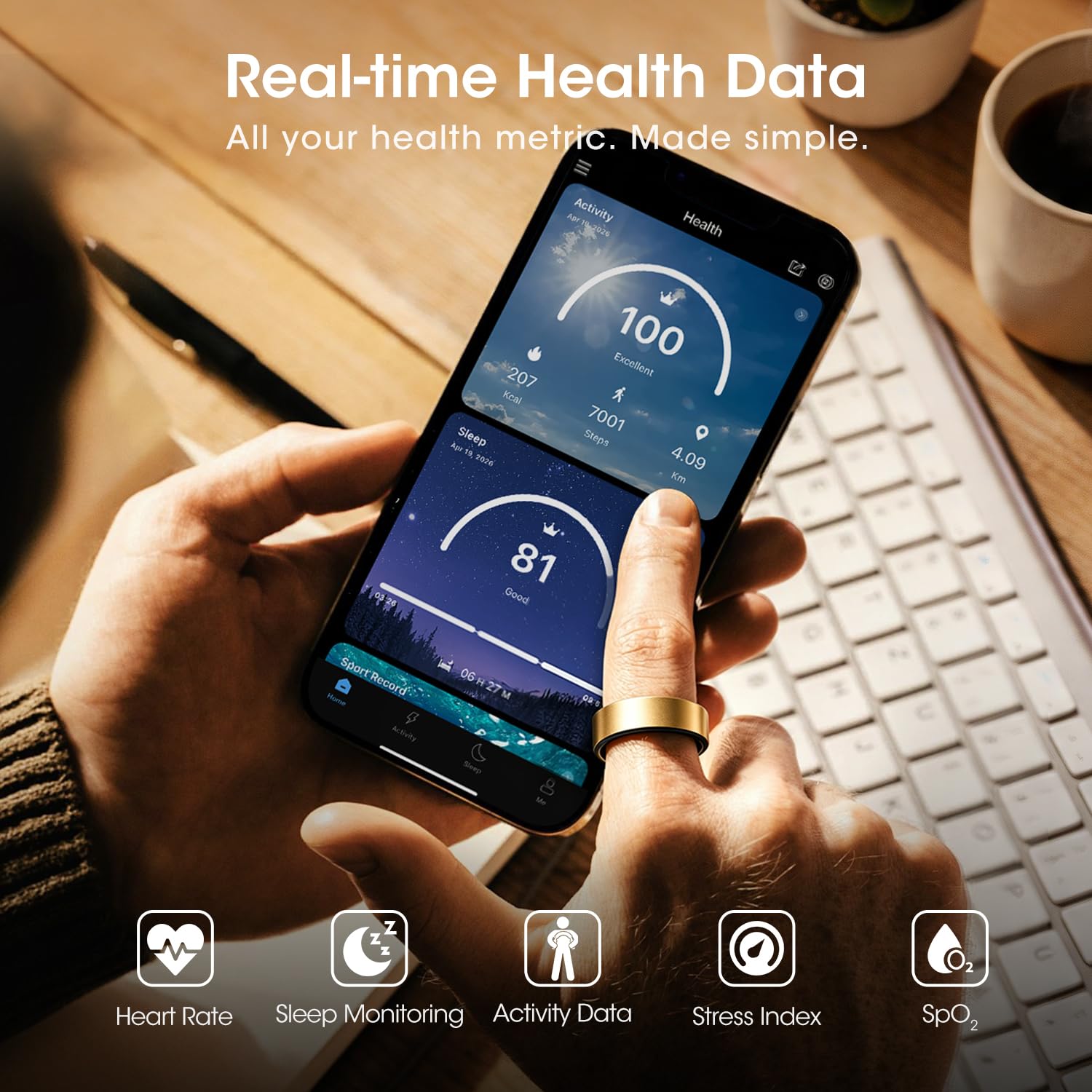 Smart Ring für Herren Damen, Fitness Ring mit 24/7 Herzfrequenz HRV SpO2 Schlaf Temp, 176 Sportmodi, IP68 Wasserdicht, APP kein ABO, für Android iOS (Gold, 57.5mm)