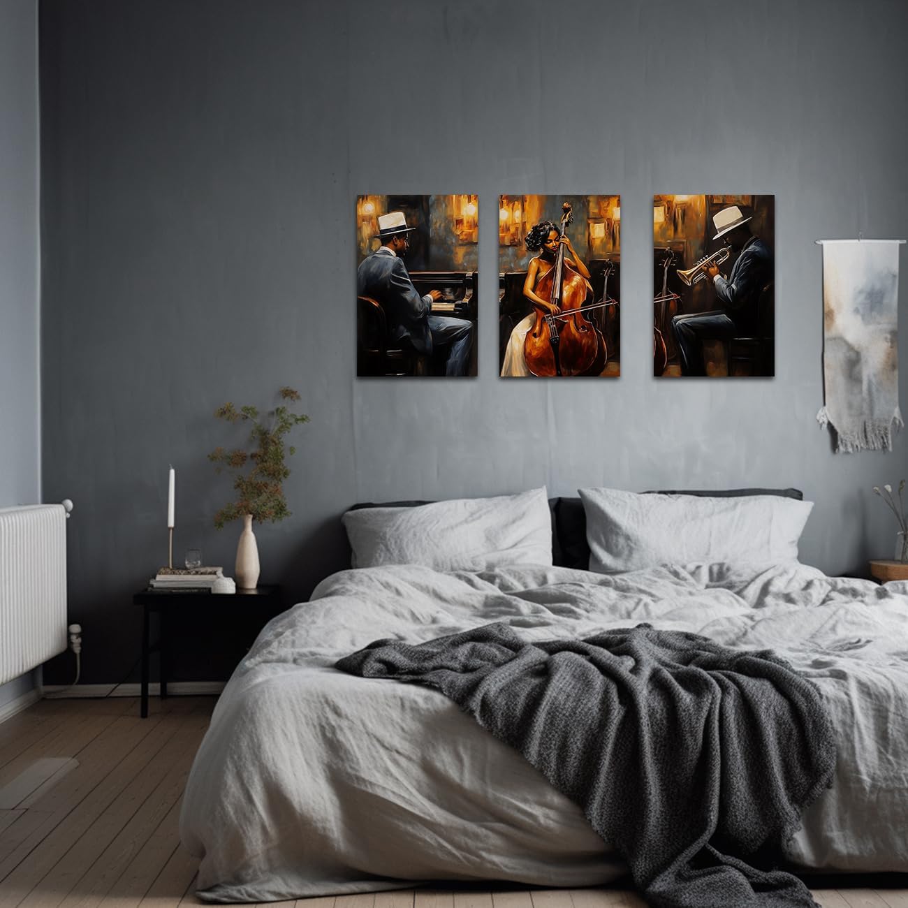 LZIMU Jazz Wall Art Abstract Black Music Picture African American Music Canvas Prints Vintage Jazz Band Painting for Musical Club Classroom Decor Framed (Brown, 12.00" x 16.00" x 3PCS)