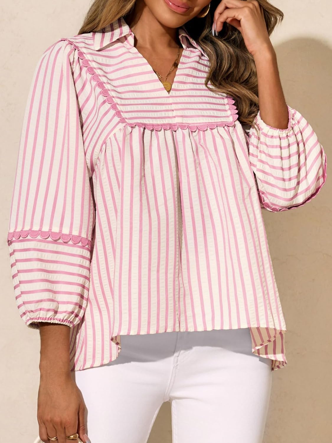 Tankaneo Womens Striped Babydoll Tops Oversized 3/4 Sleeve Peplum Blouse Loose Fit Pleated Cute Shirts - Image 5