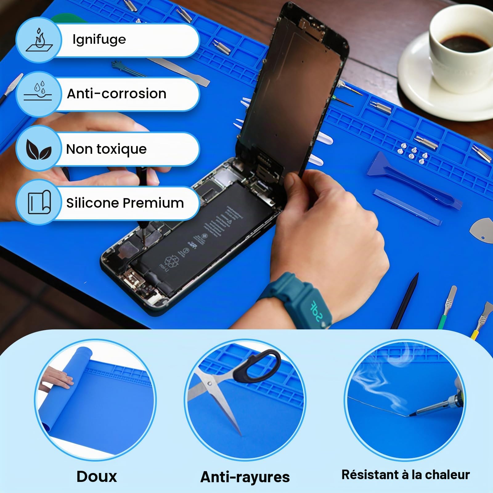 Très grand Tapis de soudure surdimensionné 70cm x 40cm, 932°F tapis de travail en Silicone résistant à la chaleur, grand tapis de réparation pour l’électronique téléphone portable réparation (Bleu)