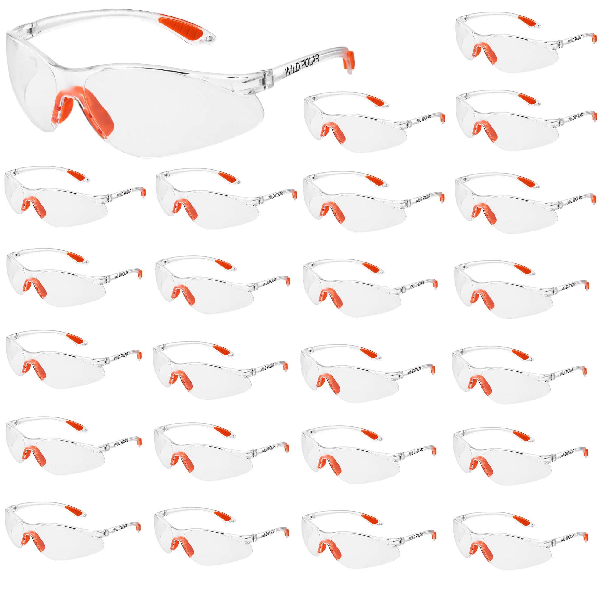 Wild Polar Safety Glasses, Clear Lenses, Anti-Fog Eye Protection Goggles with Orange Nose and Ear Grips, 12, 24 & 48 packs