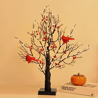 Tabletop Decor Bonsai Tree 21" 60 LED with Black Artificial Birch Lighted Trees for Decoration Indoor Red Bird Warm Light for Halloween Thanksgiving Day Chirstmas Holiday Parrot