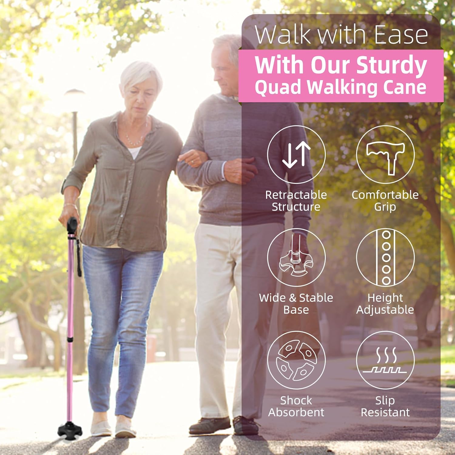 Adjustable Walking Cane for Women,10-Level Height Telescopic Walking Stick with 4-Prong Anti-Slip Pivoting Base, Wrist Strap, Heavy Duty Walking Aid for Adults & Elderly