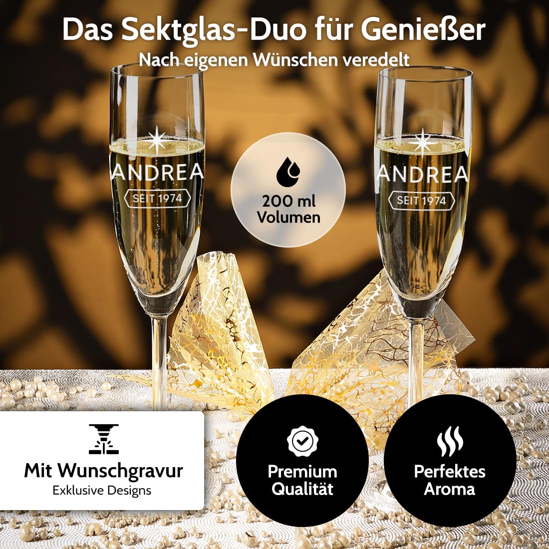 polar-effekt Sekt-Set 3-teilig Sektgläser 200 ml + Kiste aus Holz mit Gravur - Geschenk zum Geburtstag & Jubiläum - spülmaschinenfeste Gläser