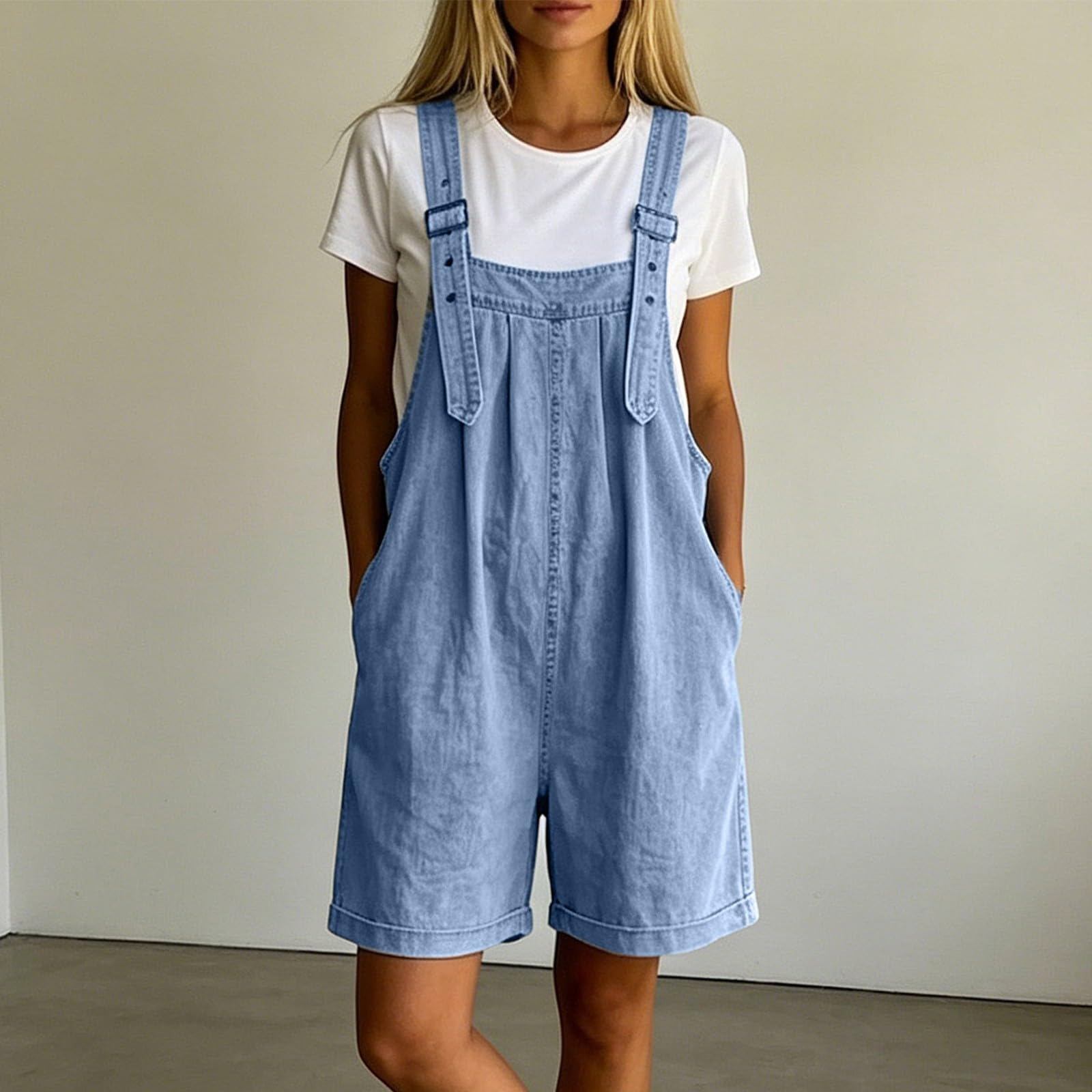 Salopette corta da donna, oversize, in jeans, elasticizzata, estiva, elegante, leggera, estiva, stile anni '90