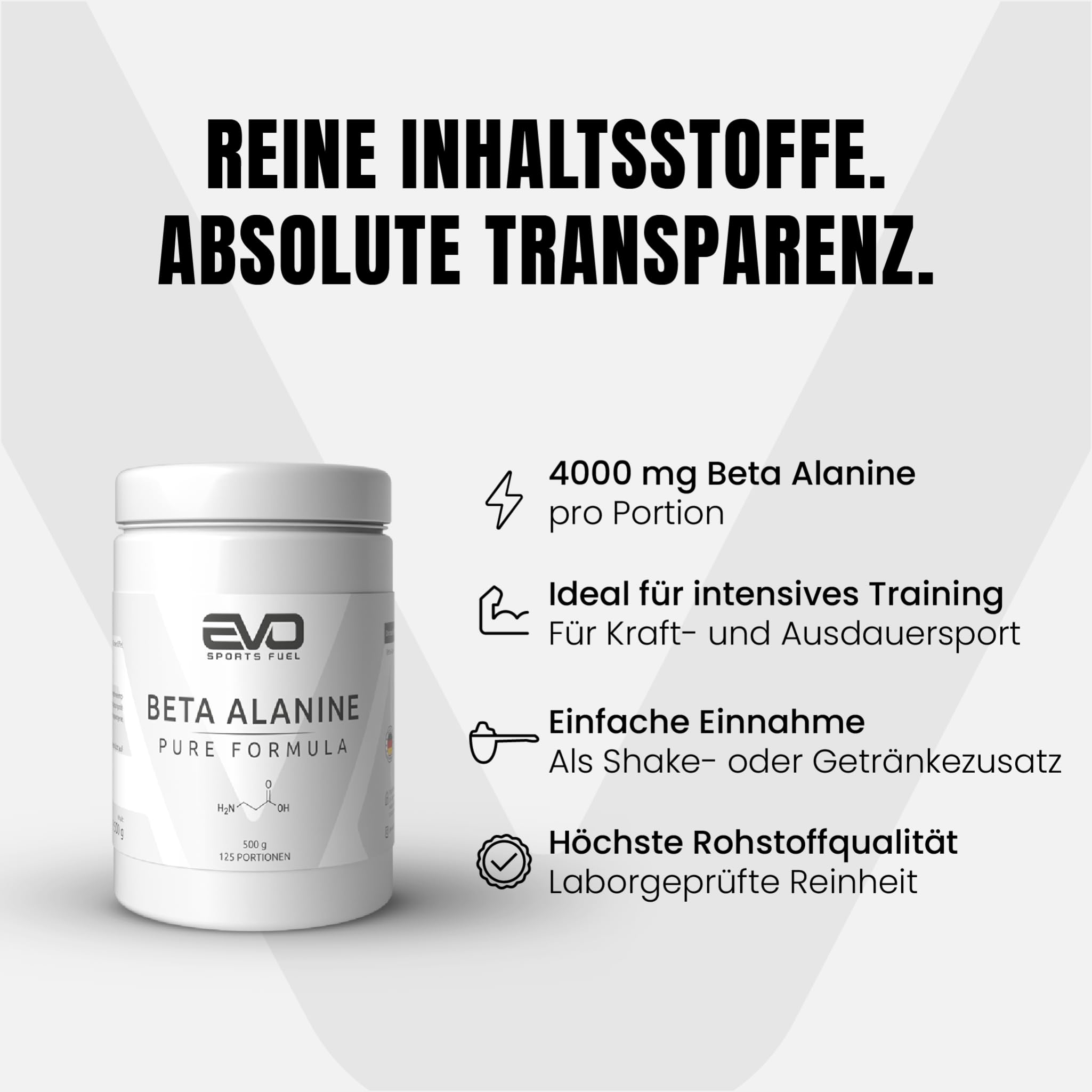 EVO SPORTS FUEL Beta Alanin Pulver 500g | Reines und Veganes Aminosäure Beta-alanin | Unterstützt Muskelausdauer und intensive Workouts | Made in Germany