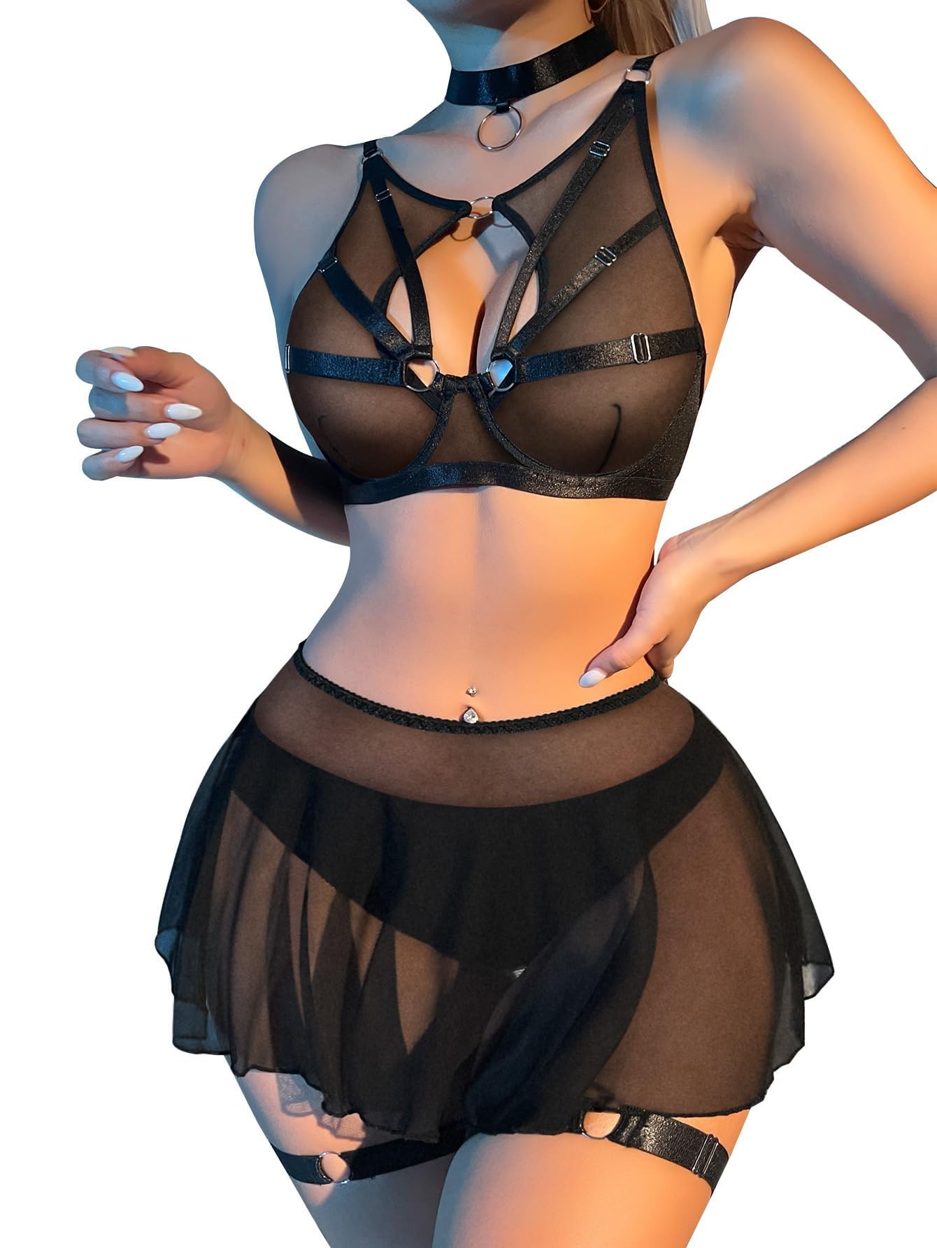GXNRHG Seksowna pończocha kabaretki Chocker Strappy fiszbiny O-ring spódnica damska komplet bielizny 5 sztuk